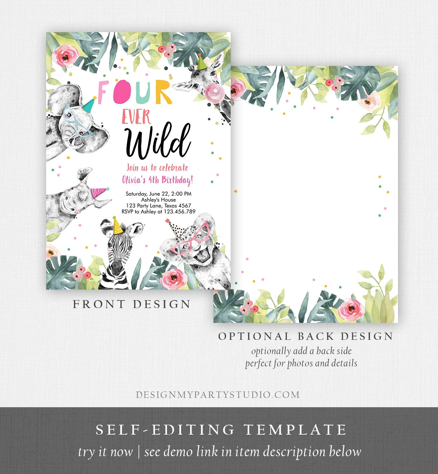 Editable Four Ever Wild Invitation Girl Pink and Gold Safari Animals Zoo Instant 4th Fourever Digital Download Evite Template Printable 0322