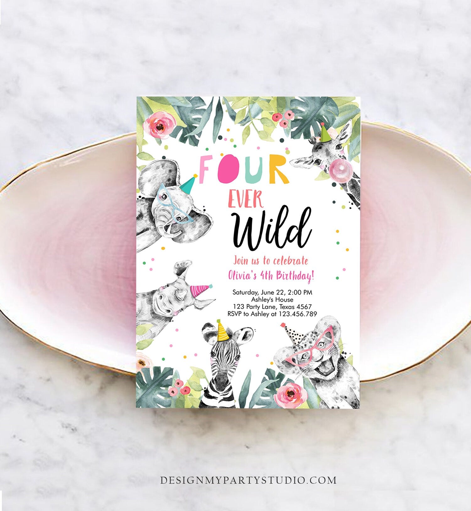 Editable Four Ever Wild Invitation Girl Pink and Gold Safari Animals Zoo Instant 4th Fourever Digital Download Evite Template Printable 0322