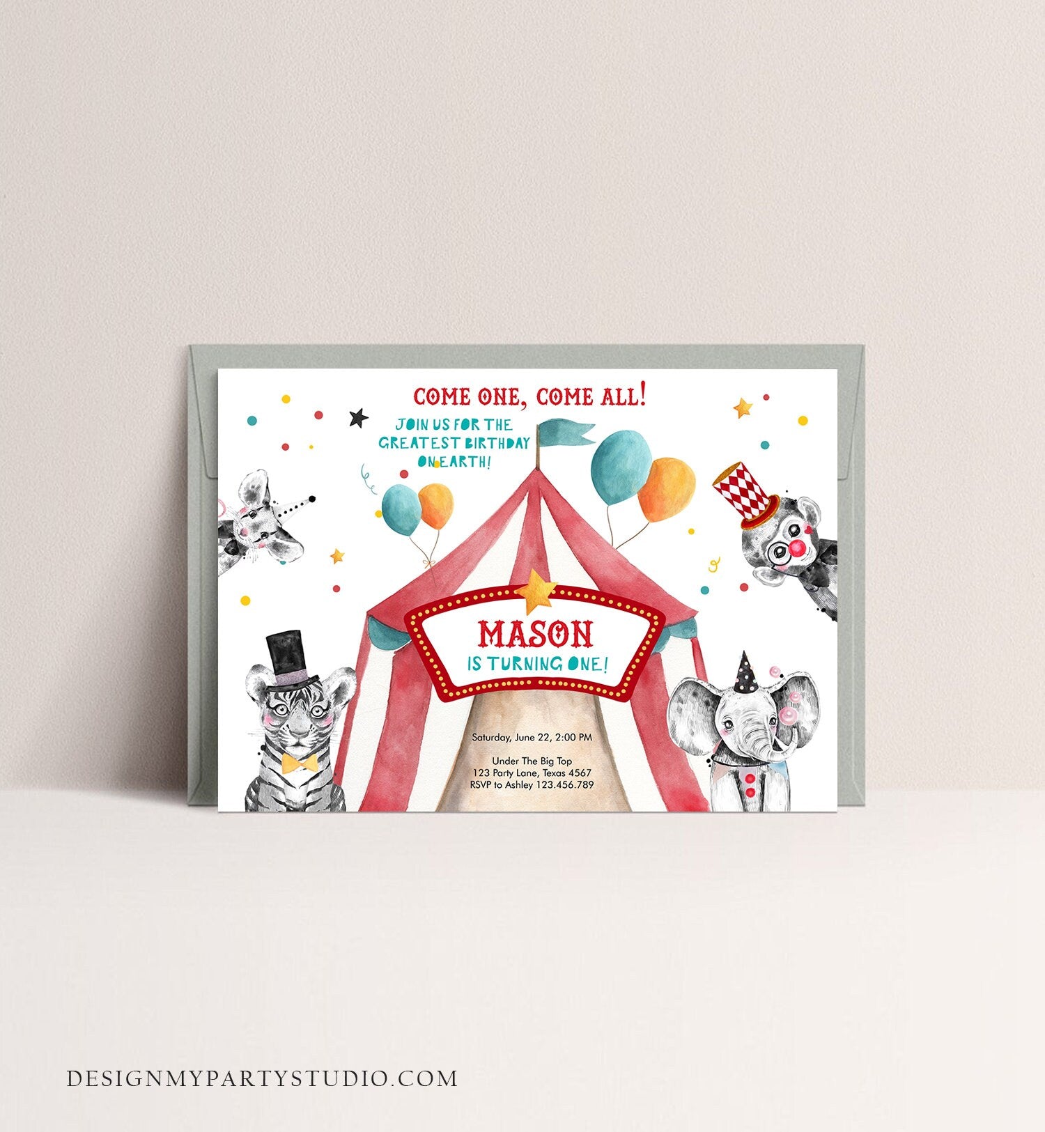 Editable Circus Birthday Invitation Party Animals Circus Invitation Carnival Invite Instant Download Printable Template Digital Corjl 0355