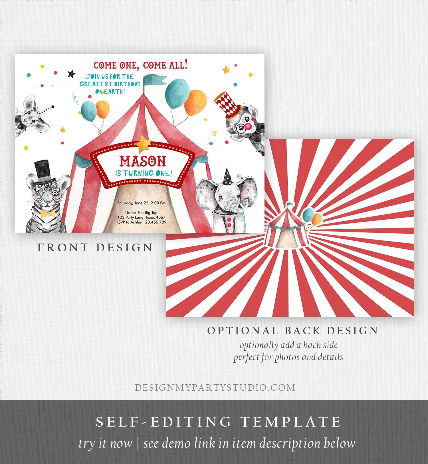 Editable Circus Birthday Invitation Party Animals Circus Invitation Carnival Invite Instant Download Printable Template Digital Corjl 0355