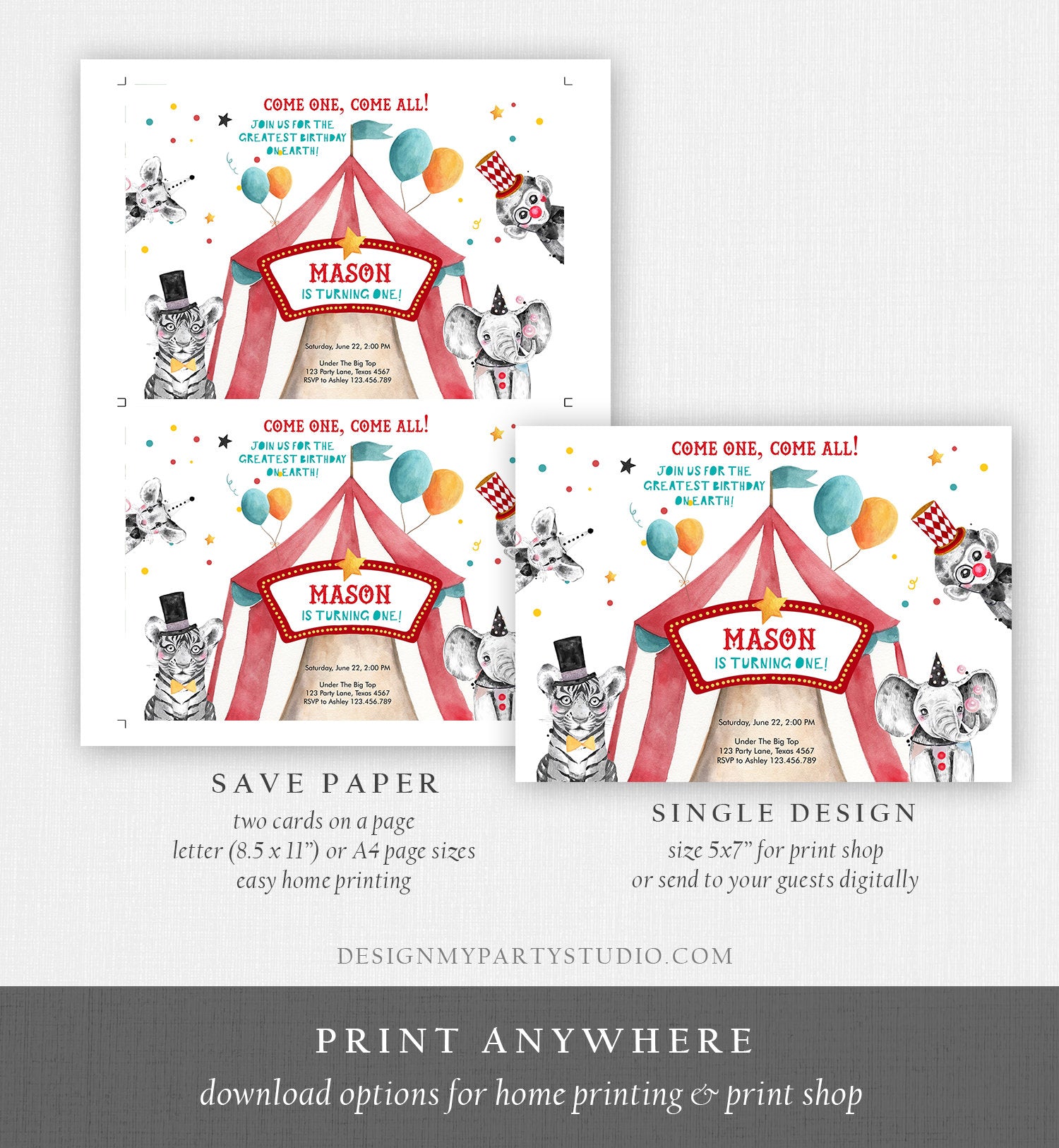 Editable Circus Birthday Invitation Party Animals Circus Invitation Carnival Invite Instant Download Printable Template Digital Corjl 0355