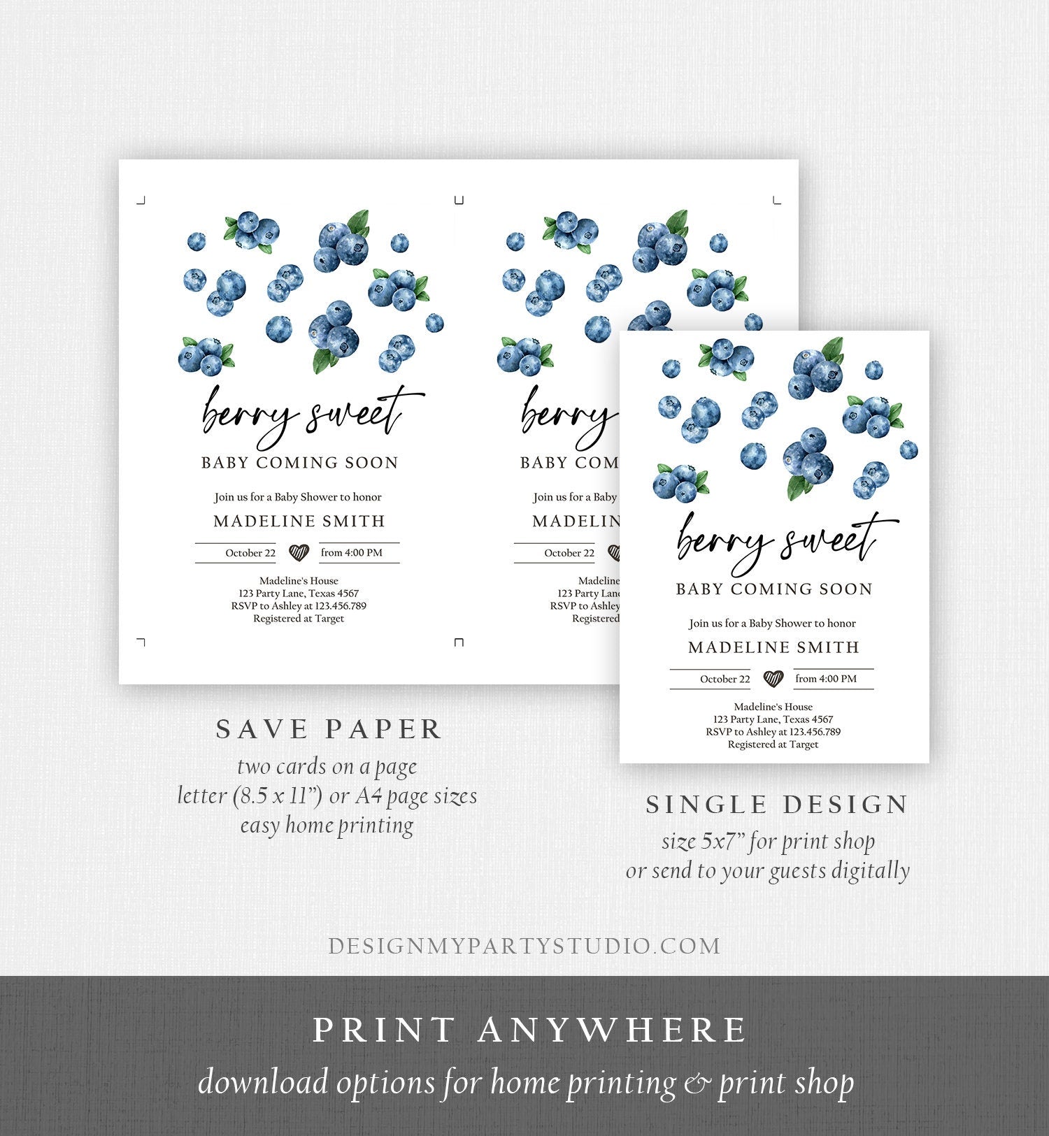 Editable Blueberry Baby Shower Invitation Cute Berry Sweet Baby Boy Blueberries Summer Fruit Download Printable Template Corjl Digital 0399