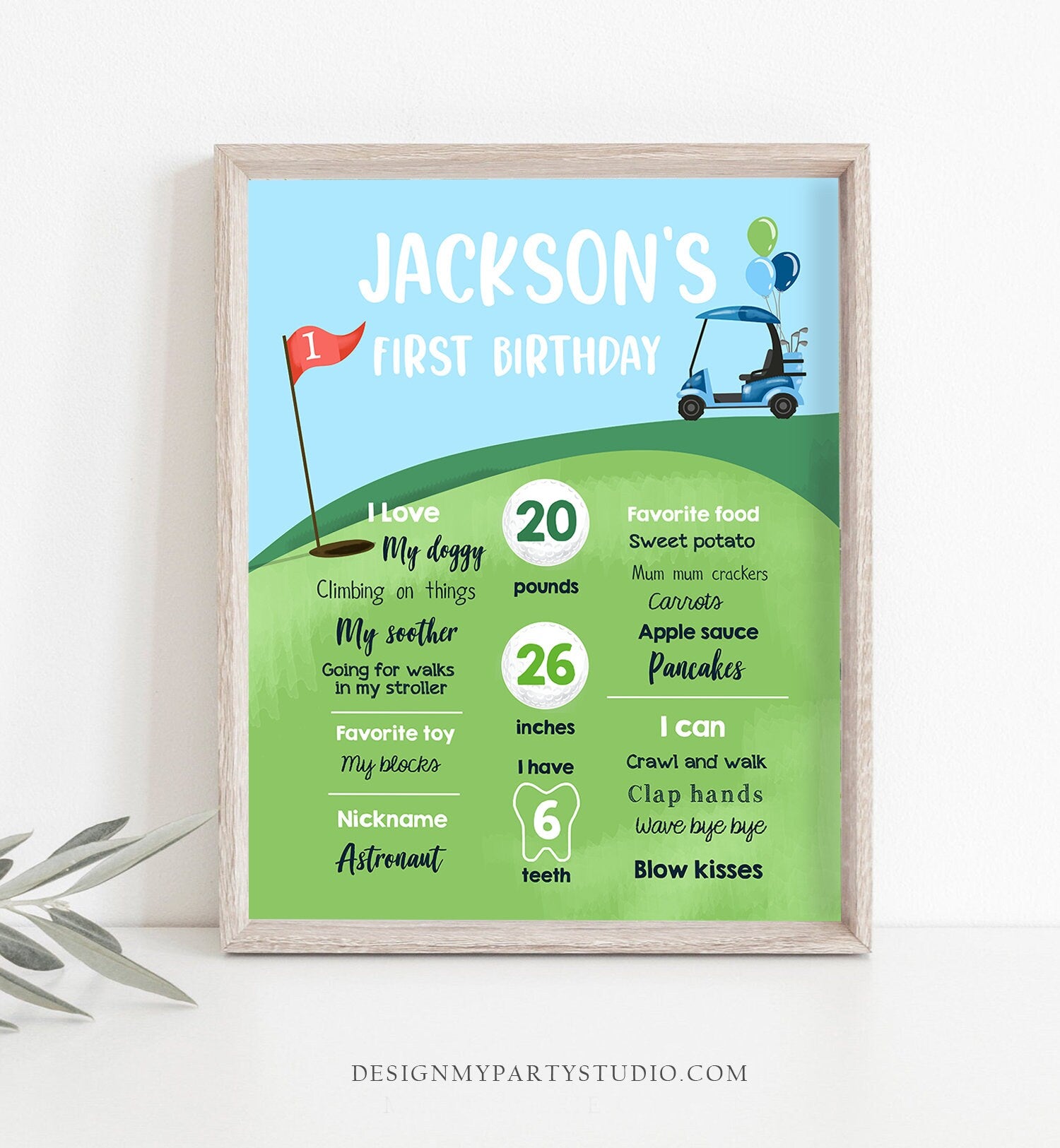 Editable Golf Birthday Milestones Sign Hole in One Golf First Birthday Boy 1st Golf Court Golf Party Decor Template Printable Corjl 0405