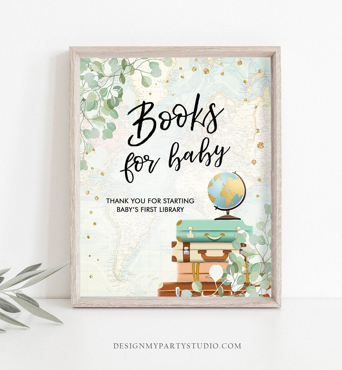 Books For Baby Sign Baby Shower Eucalyptus Greenery Sprinkle First Library Travel Adventure Gold Confetti Instant Download Printable 0030