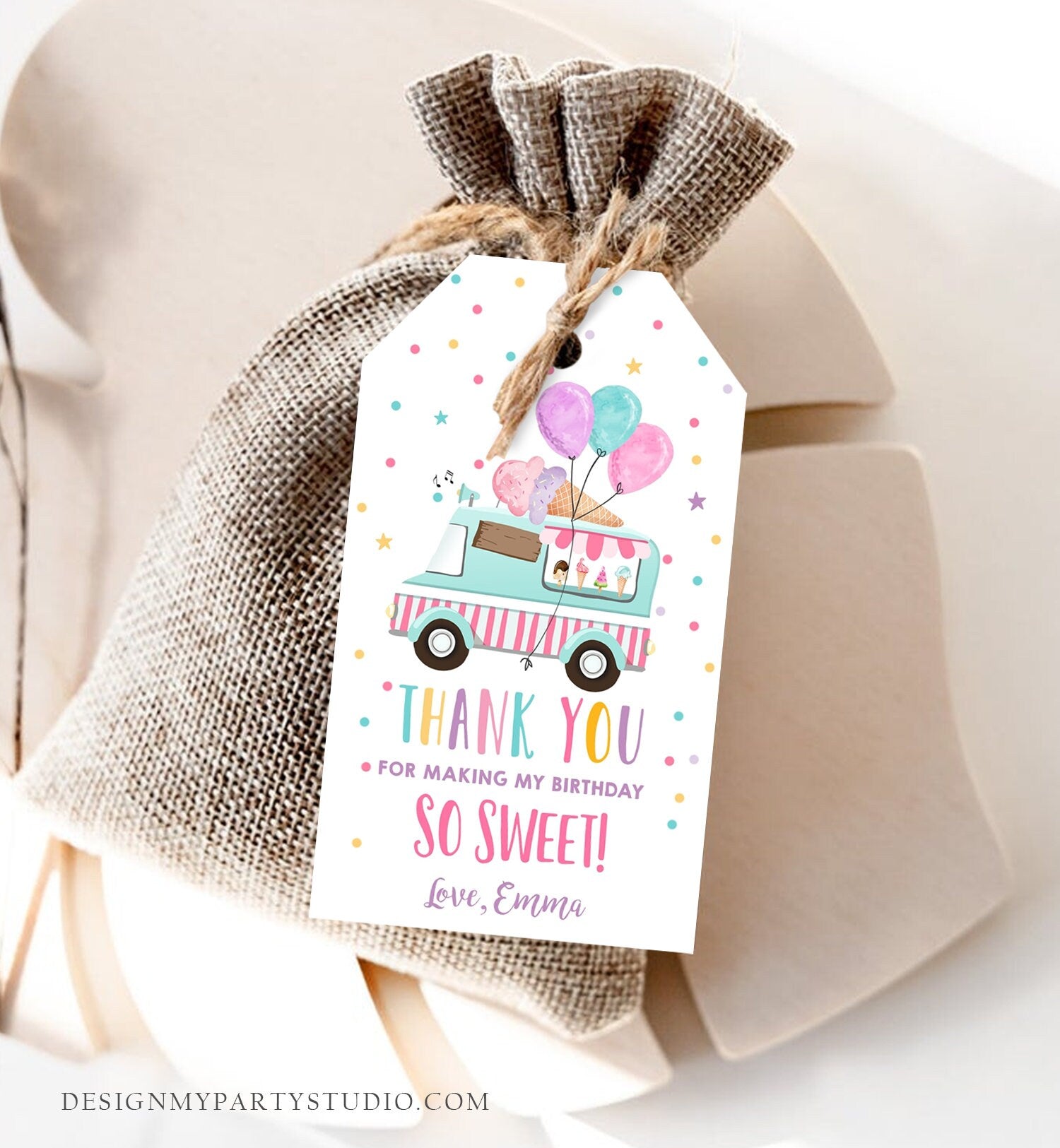 Editable Ice Cream Truck Favor Tag Birthday Favors Thank You Sweet Girl Pink Balloons Gold Gift Digital Download Template Printable 0243