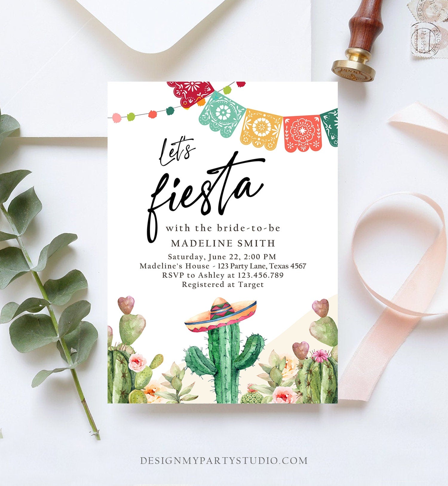 Editable Fiesta Bridal Shower Invitation Couples Shower Mexican Cactus Succulent Desert Floral Printable Invitation Template Corjl 0404