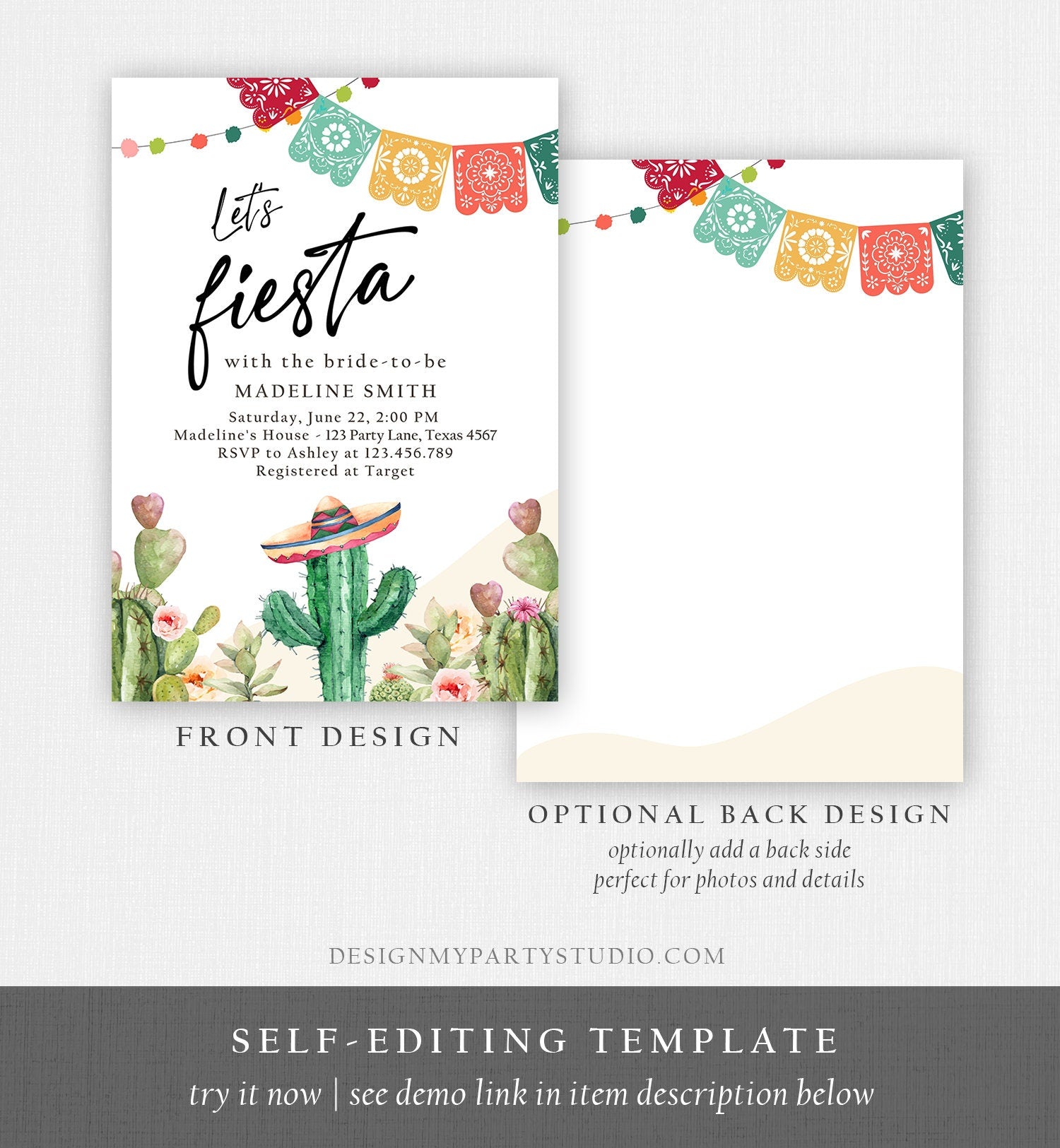 Editable Fiesta Bridal Shower Invitation Couples Shower Mexican Cactus Succulent Desert Floral Printable Invitation Template Corjl 0404