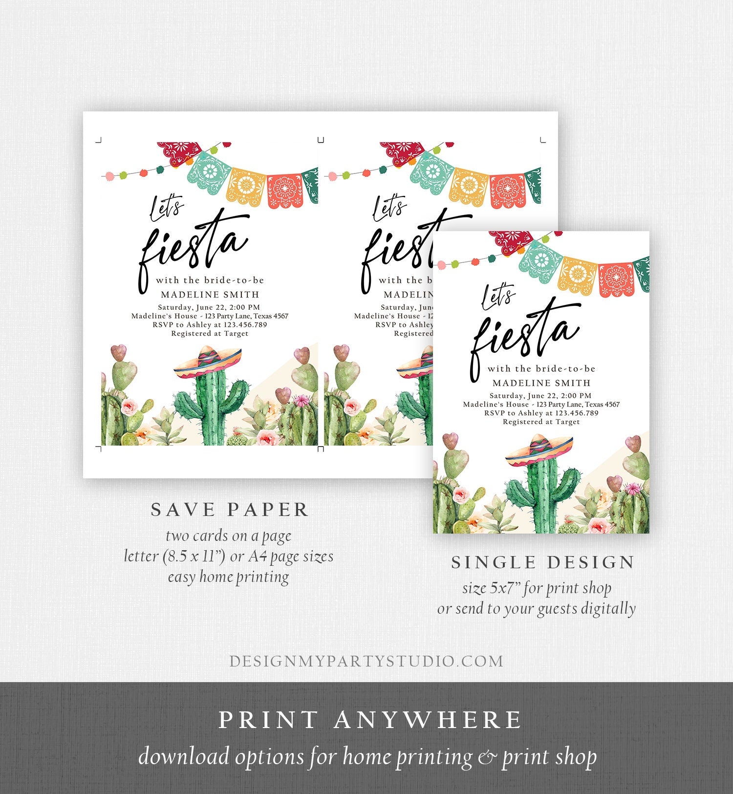 Editable Fiesta Bridal Shower Invitation Couples Shower Mexican Cactus Succulent Desert Floral Printable Invitation Template Corjl 0404