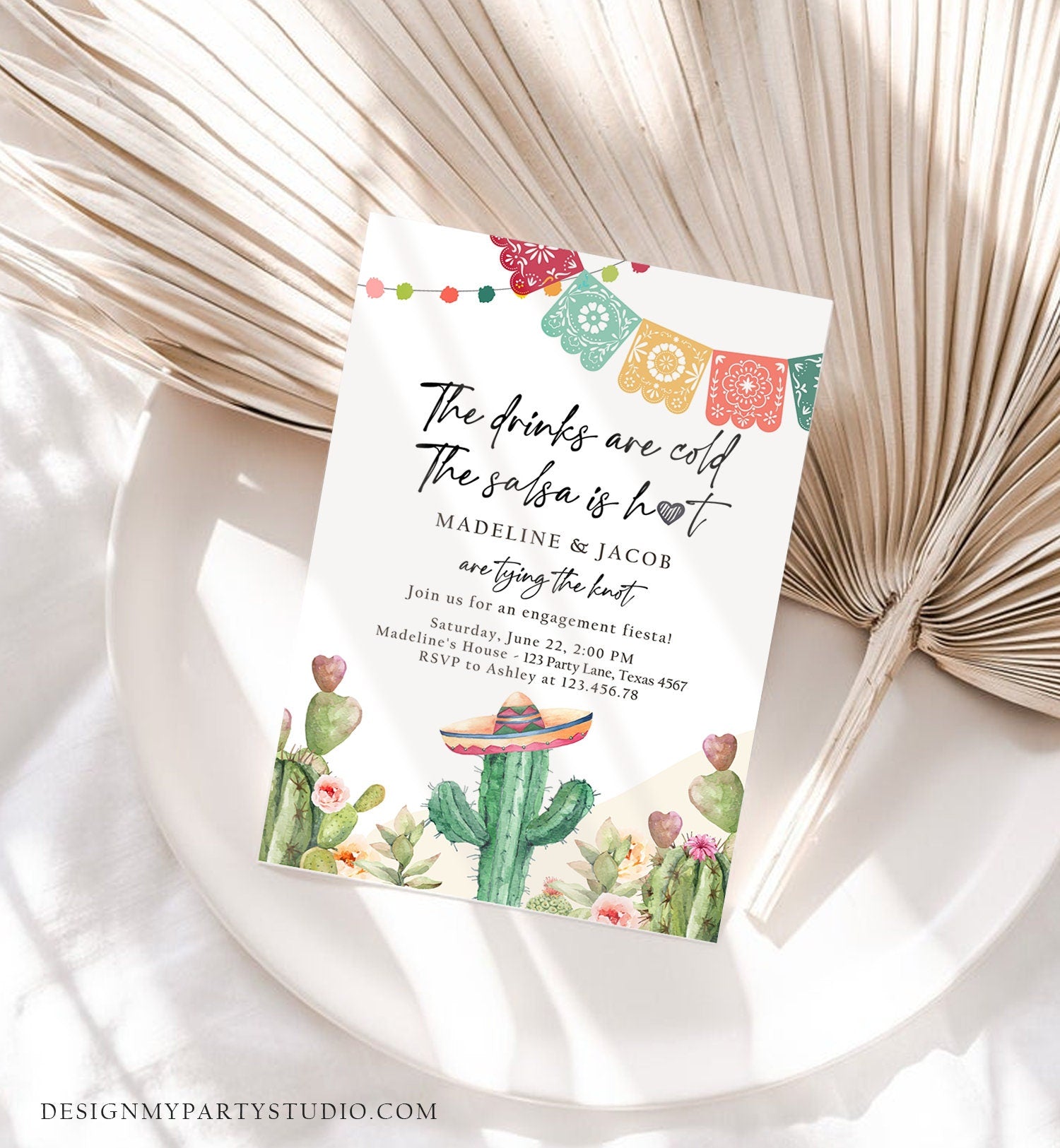 Editable Fiesta Engagement Invitation Couples Shower Bridal Mexican Cactus Succulent Desert Floral Printable Invitation Template Corjl 0404