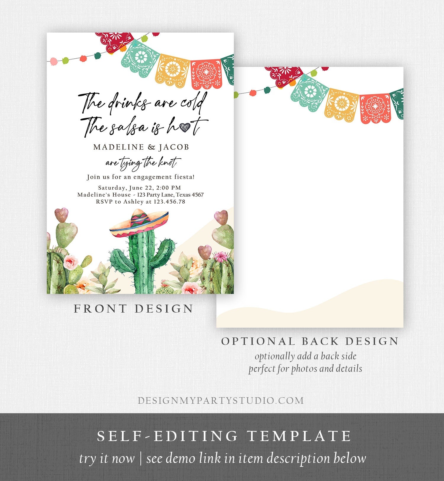 Editable Fiesta Engagement Invitation Couples Shower Bridal Mexican Cactus Succulent Desert Floral Printable Invitation Template Corjl 0404