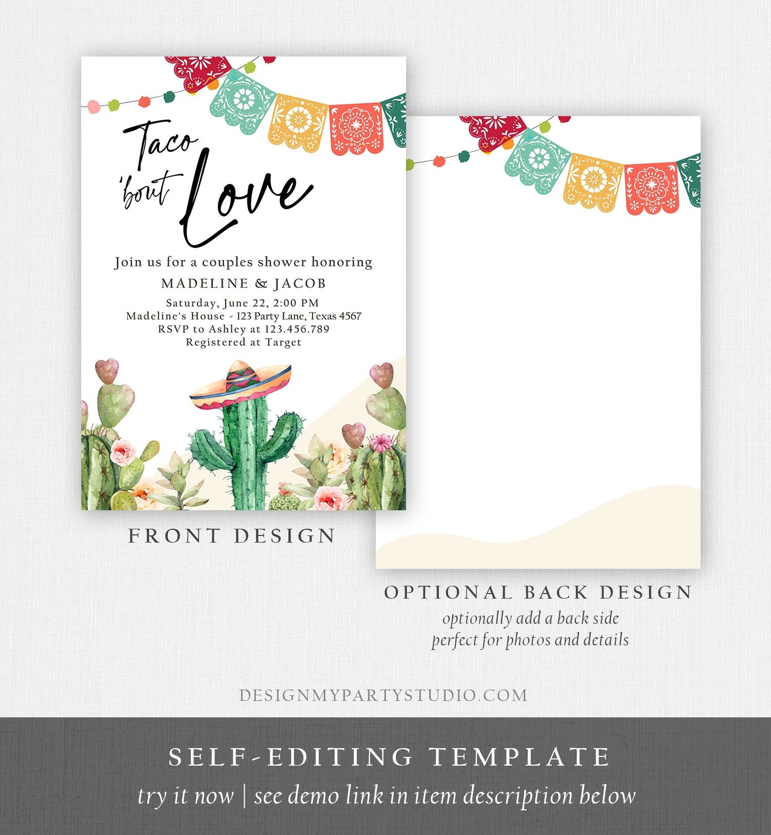 Editable Taco Bout Love Couples Shower Invitation Fiesta Cactus Succulent Mexican Desert Digital Download Corjl Template Printable 0404