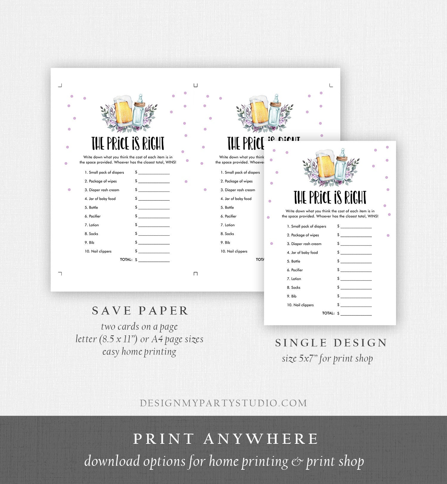 Editable The Price is Right Baby Shower Game Greenery Baby is Brewing Activity Purple Lilac Beer Bottle Corjl Template Printable 0190