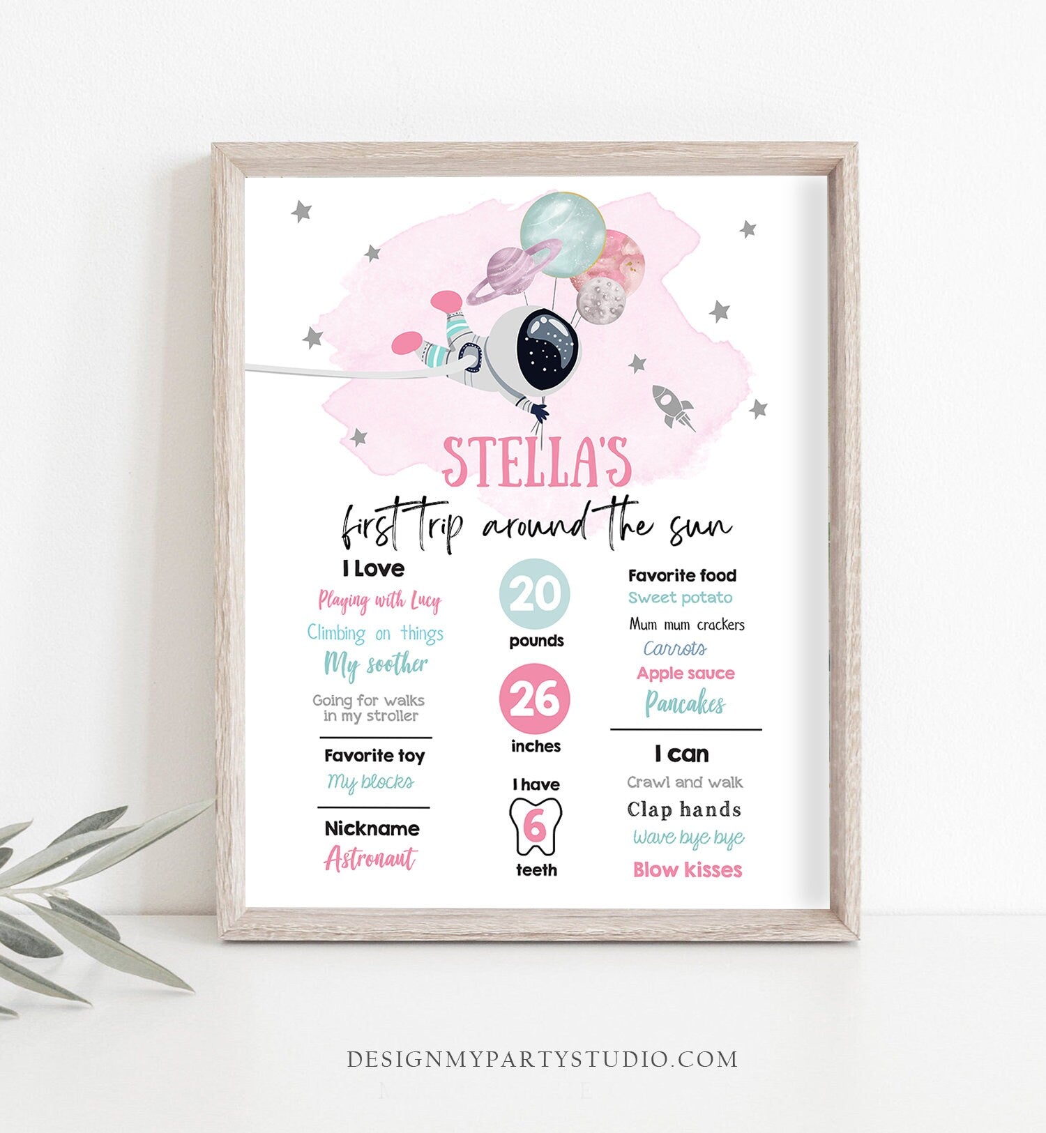 Editable Outer Space Birthday Milestones Sign Trip Around the Sun Girl 1st Birthday Space Galaxy Astronaut Template Printable Corjl 0366