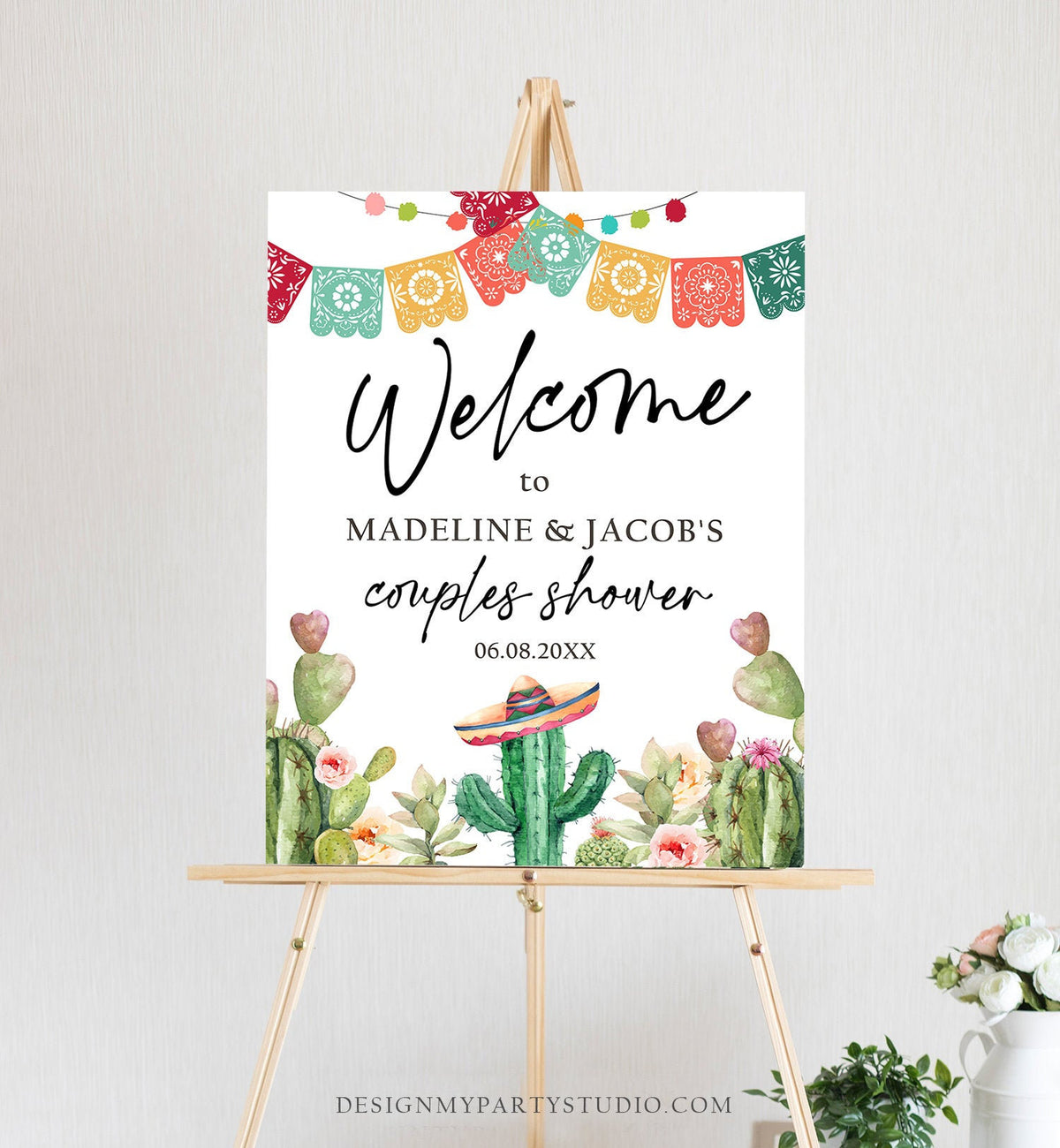 Editable Fiesta Cactus Welcome Sign Couples Shower Welcome Desert Mexican Succulent Taco Bout Love Succulent Corjl Template Printable 0404