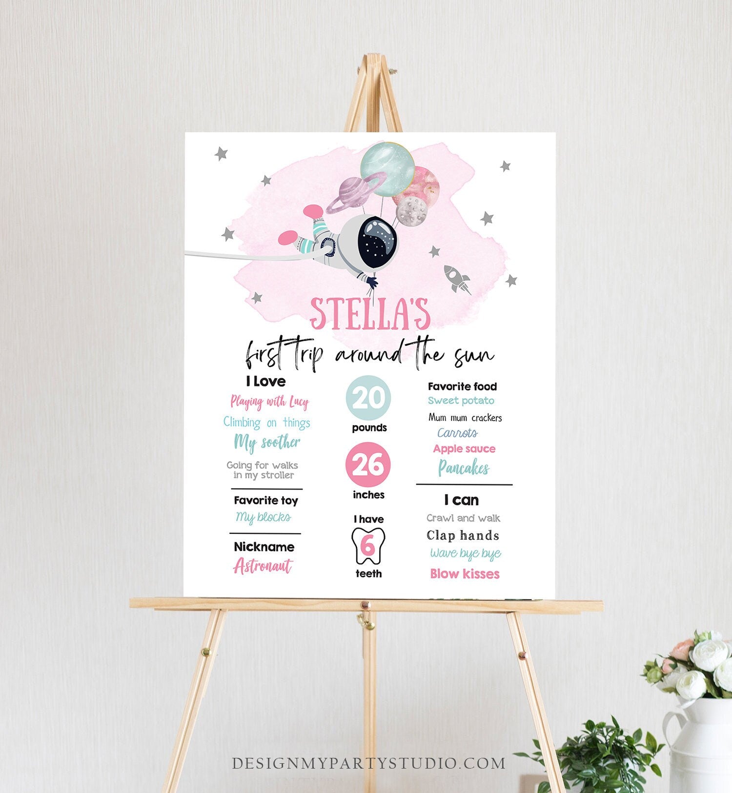 Editable Outer Space Birthday Milestones Sign Trip Around the Sun Girl 1st Birthday Space Galaxy Astronaut Template Printable Corjl 0366