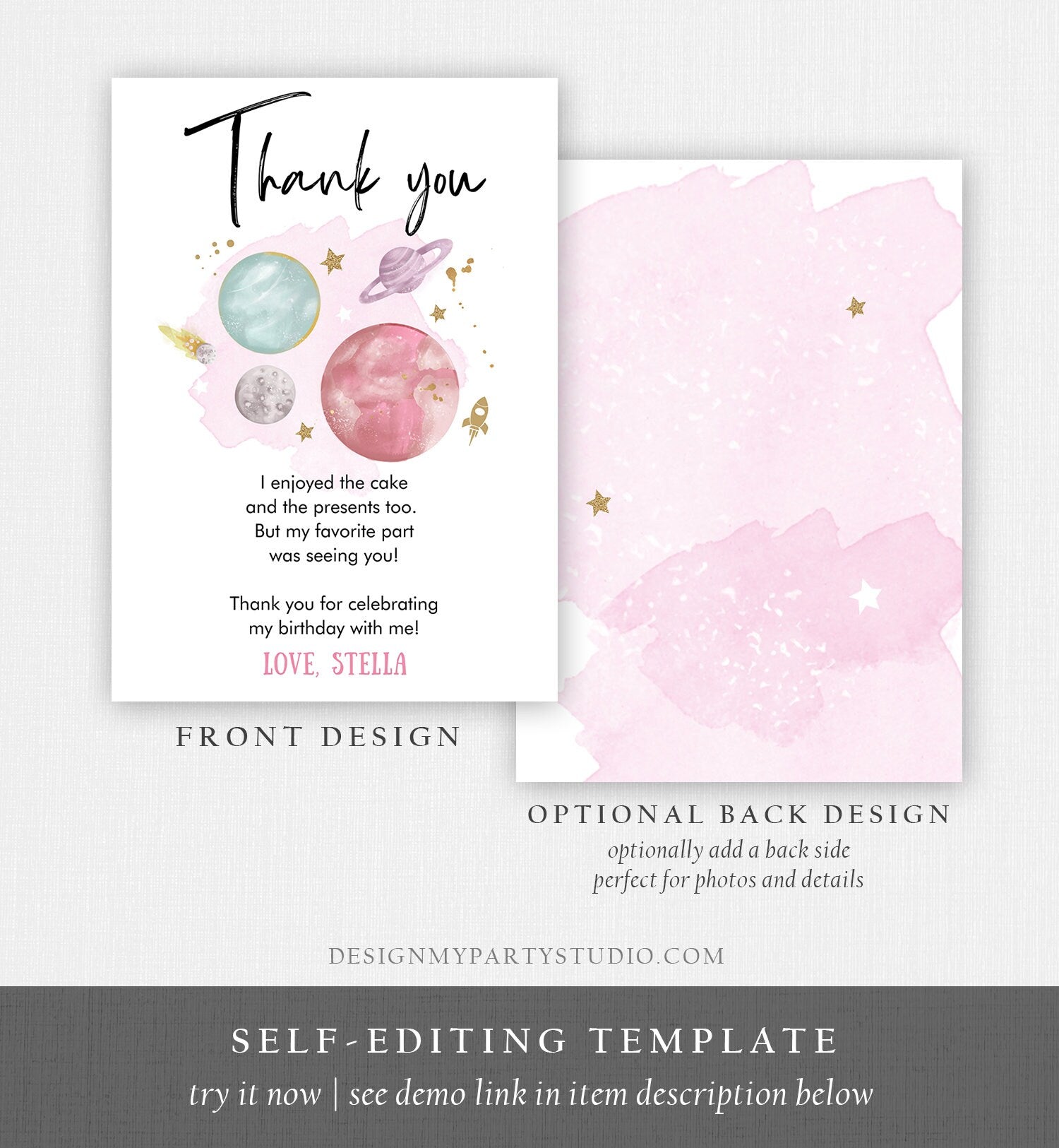 Editable Space Birthday Thank You Card Girl Space Astronaut To the Moon Galaxy Thank You Note Download Printable Template Digital Corjl 0357