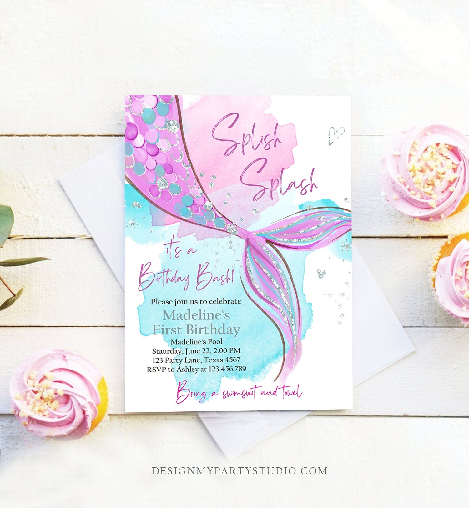 Editable Mermaid Birthday Party Invitation Girl Pink Purple Silver Mermaid Birthday Under The Sea Download Printable Template Corjl 0403