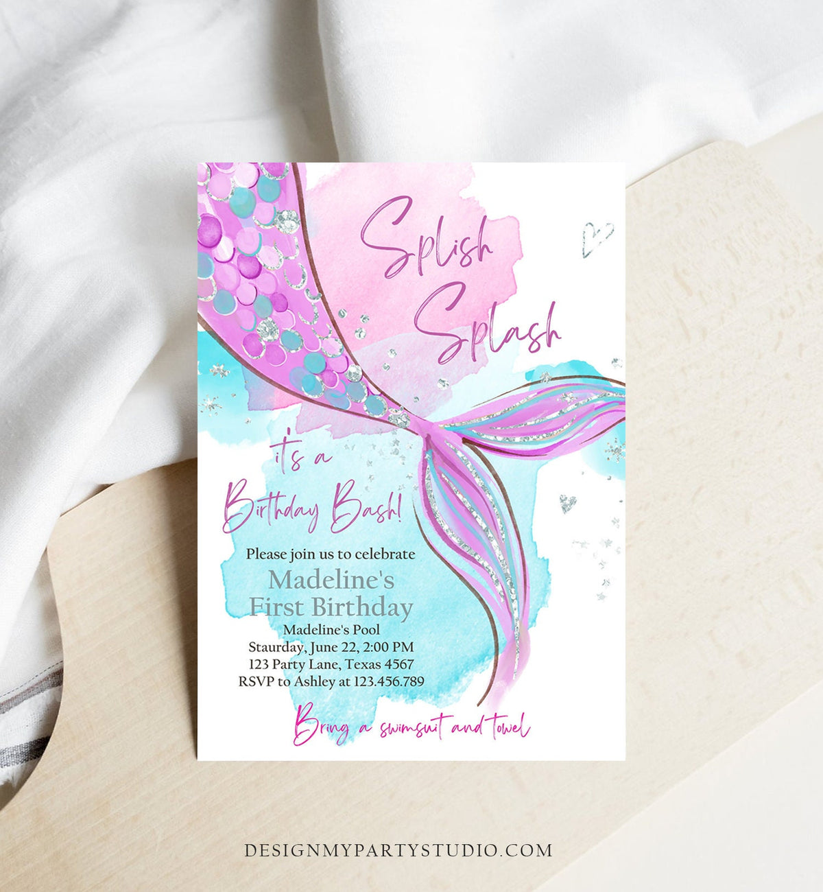 Editable Mermaid Birthday Party Invitation Girl Pink Purple Silver Mermaid Birthday Under The Sea Download Printable Template Corjl 0403