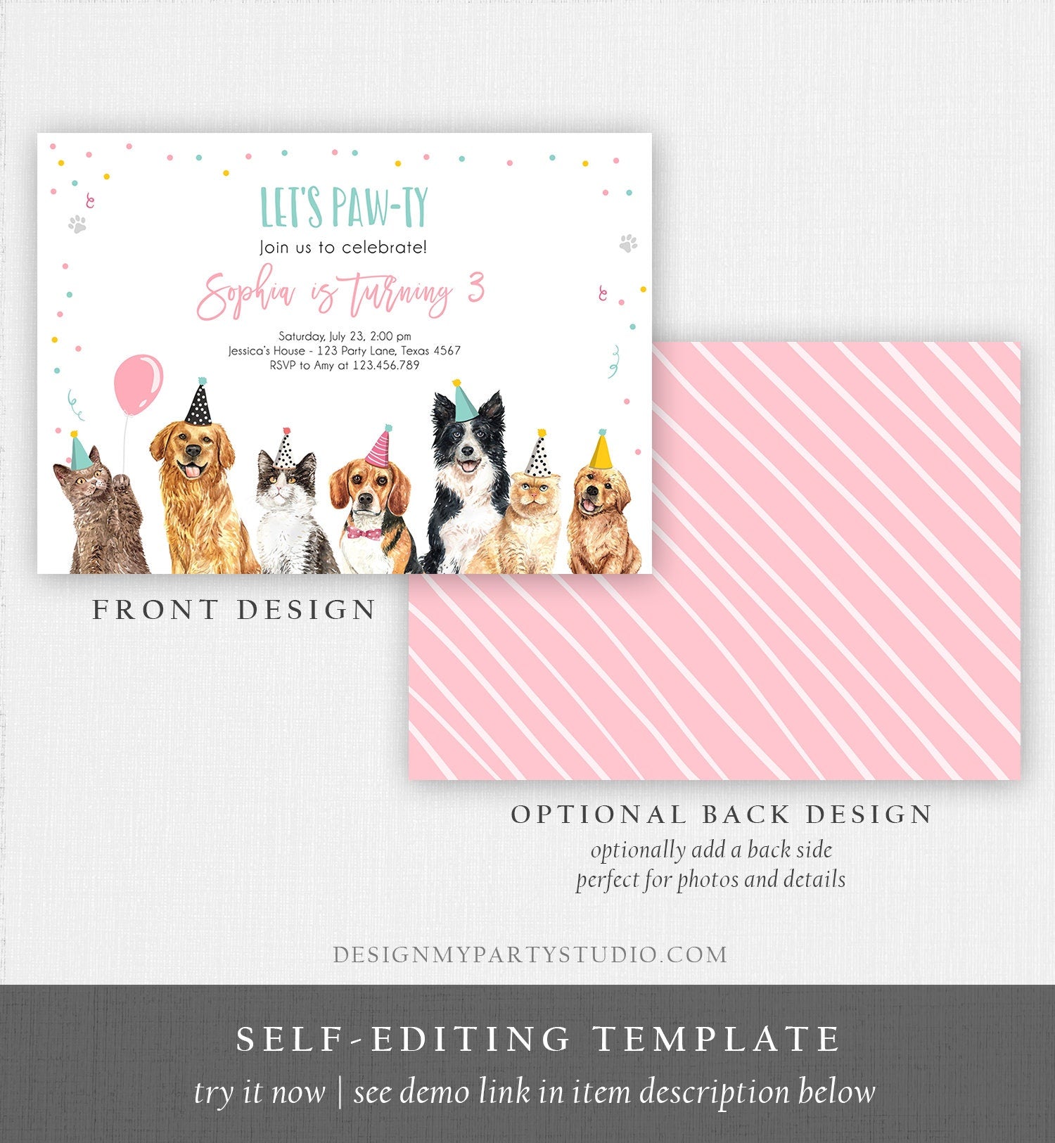 Editable Cats and Dogs Birthday Invitation Cat Dog Birthday Party Invite Girl Kitten Puppy Pawty Download Printable Template Corjl 0384