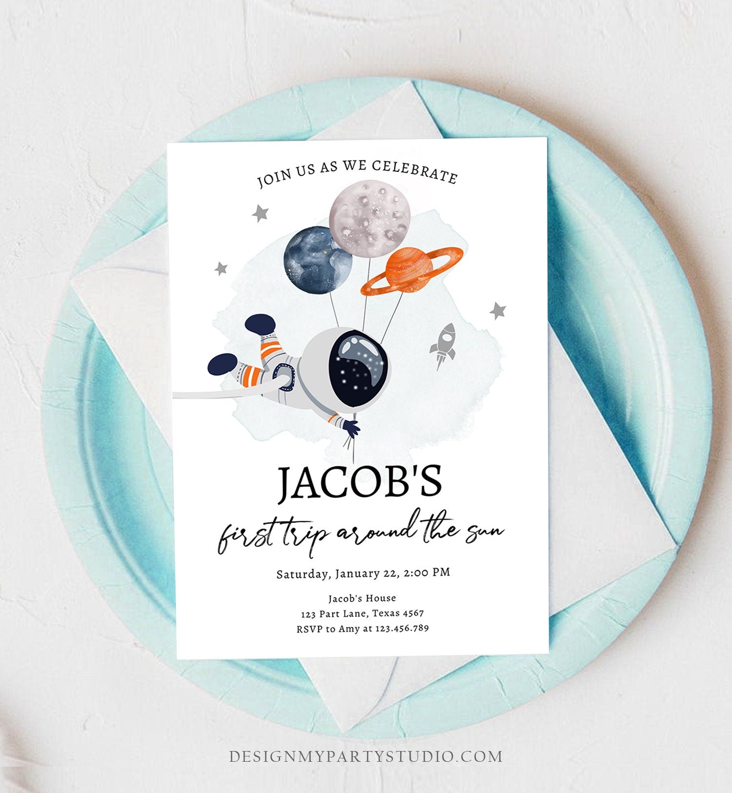 Editable Out of This World Birthday Invitation Outer Space Planets Rocket Ship Galaxy Astronaut Silver Boy Corjl Template Printable 0366