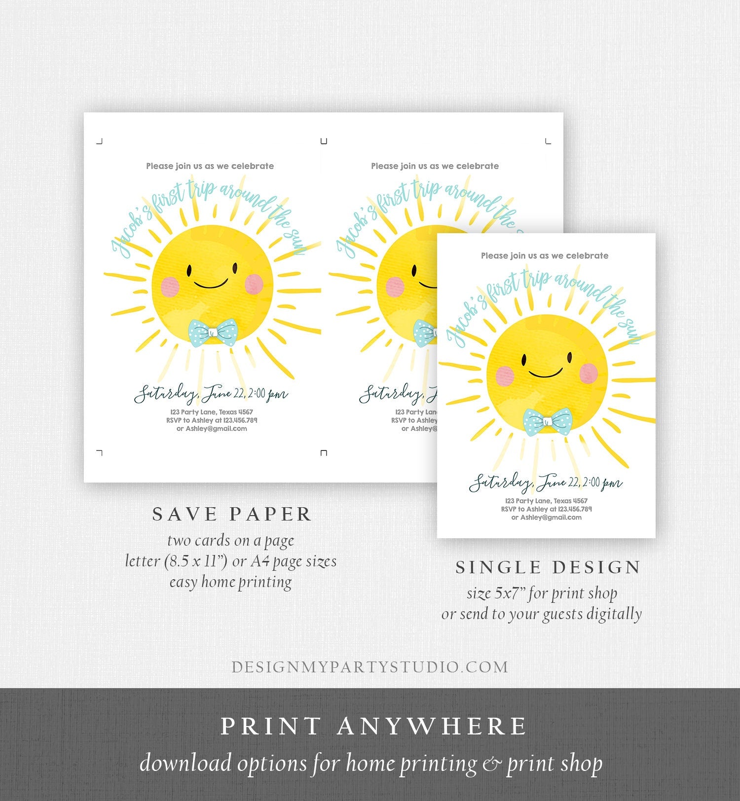 Editable First Tip Around the Sun Birthday Invitation Little Sunshine First Birthday 1st Party Boy Blue Summer Download Corjl Template 0141