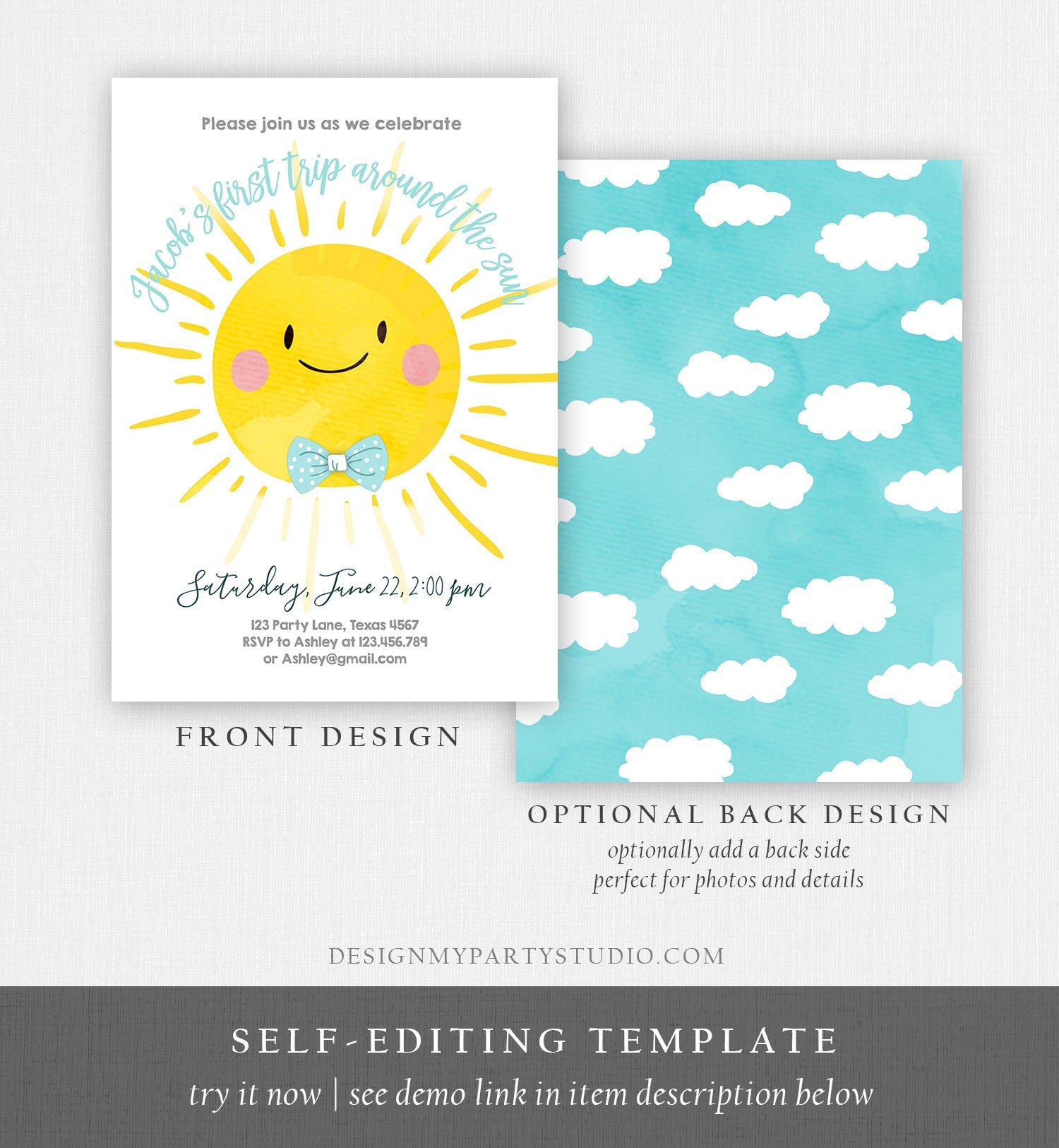 Editable First Tip Around the Sun Birthday Invitation Little Sunshine First Birthday 1st Party Boy Blue Summer Download Corjl Template 0141