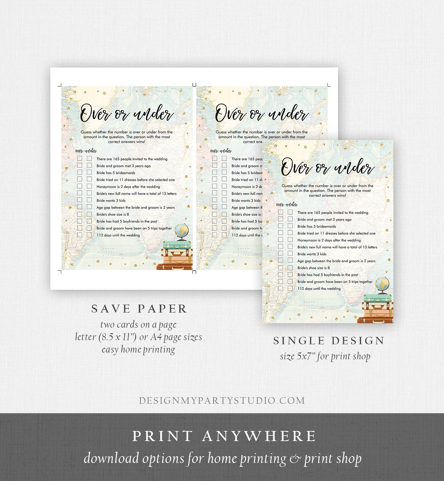 Editable Over or Under Bridal Shower Game Travel More or Less Guess Wedding Shower Activity Vintage Map Party Corjl Template Printable 0263