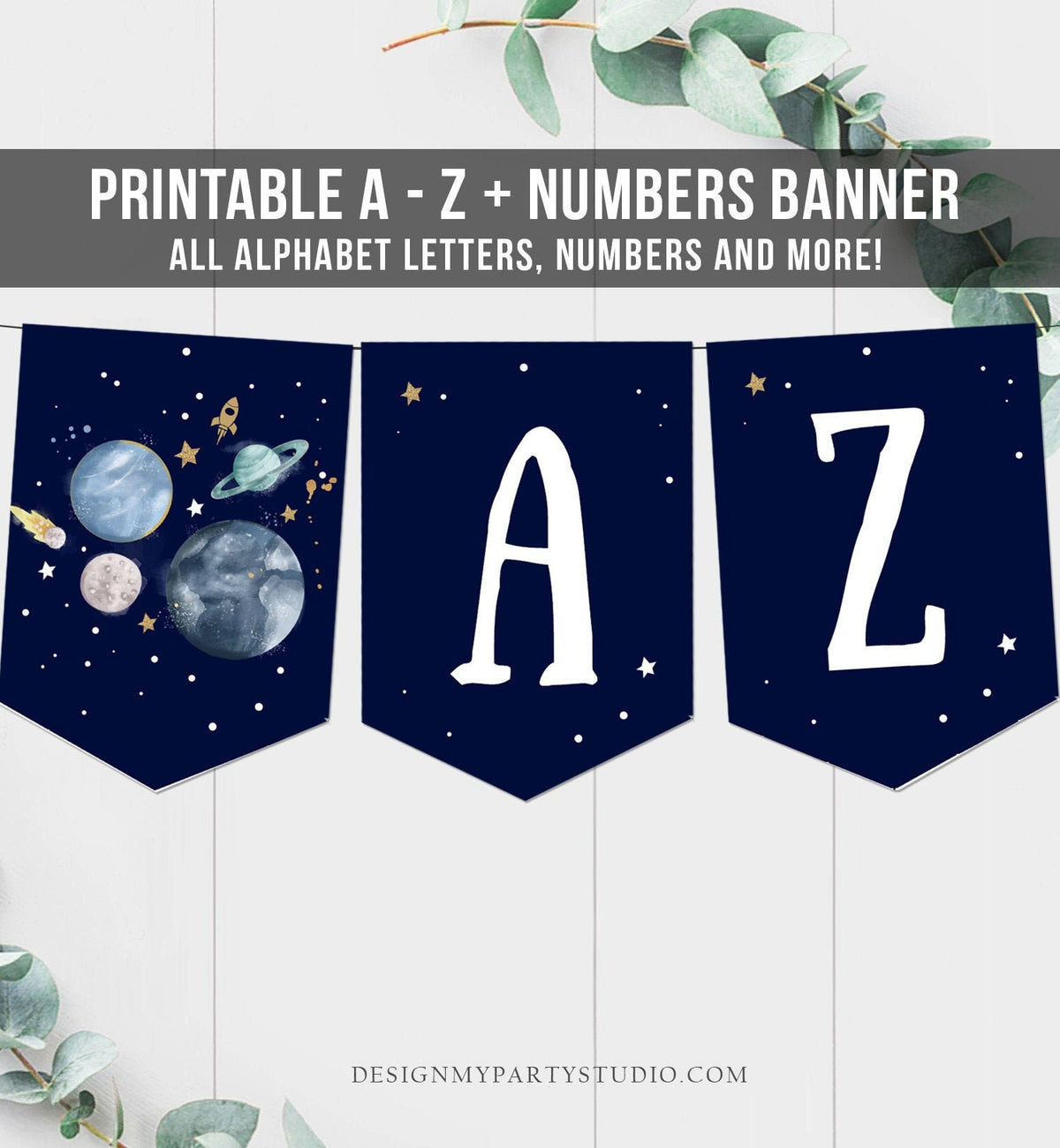 Space Alphabet Banner Letters A to Z Numbers Space Birthday Banner Boy Blue Galaxy Party Decor DIY Baby Shower Banner DIY Printable 0357