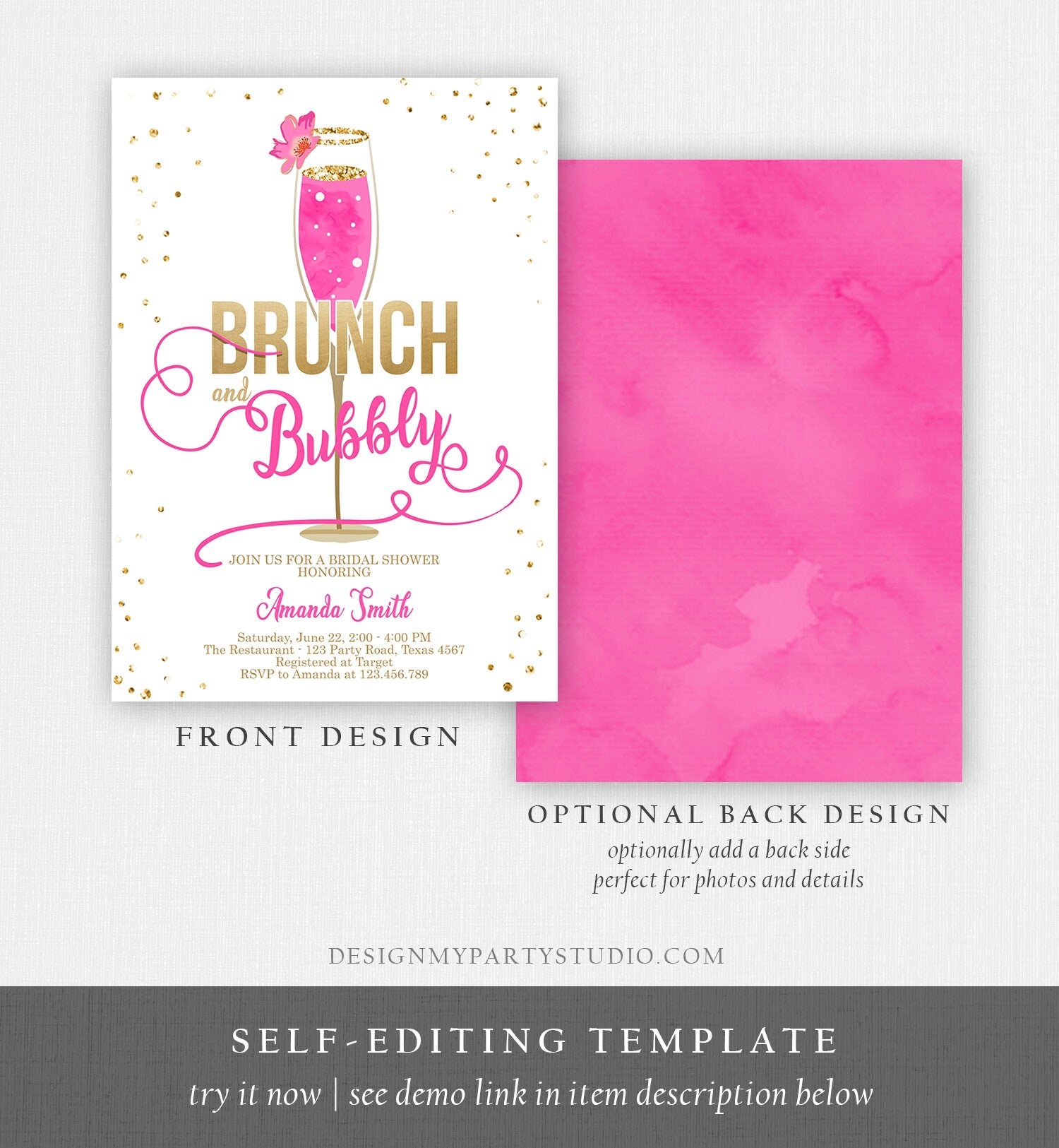 Editable Brunch and Bubbly Bridal Shower Invitation Floral Champagne Gold Hot Pink Wedding Download Printable Template Digital Corjl 0150