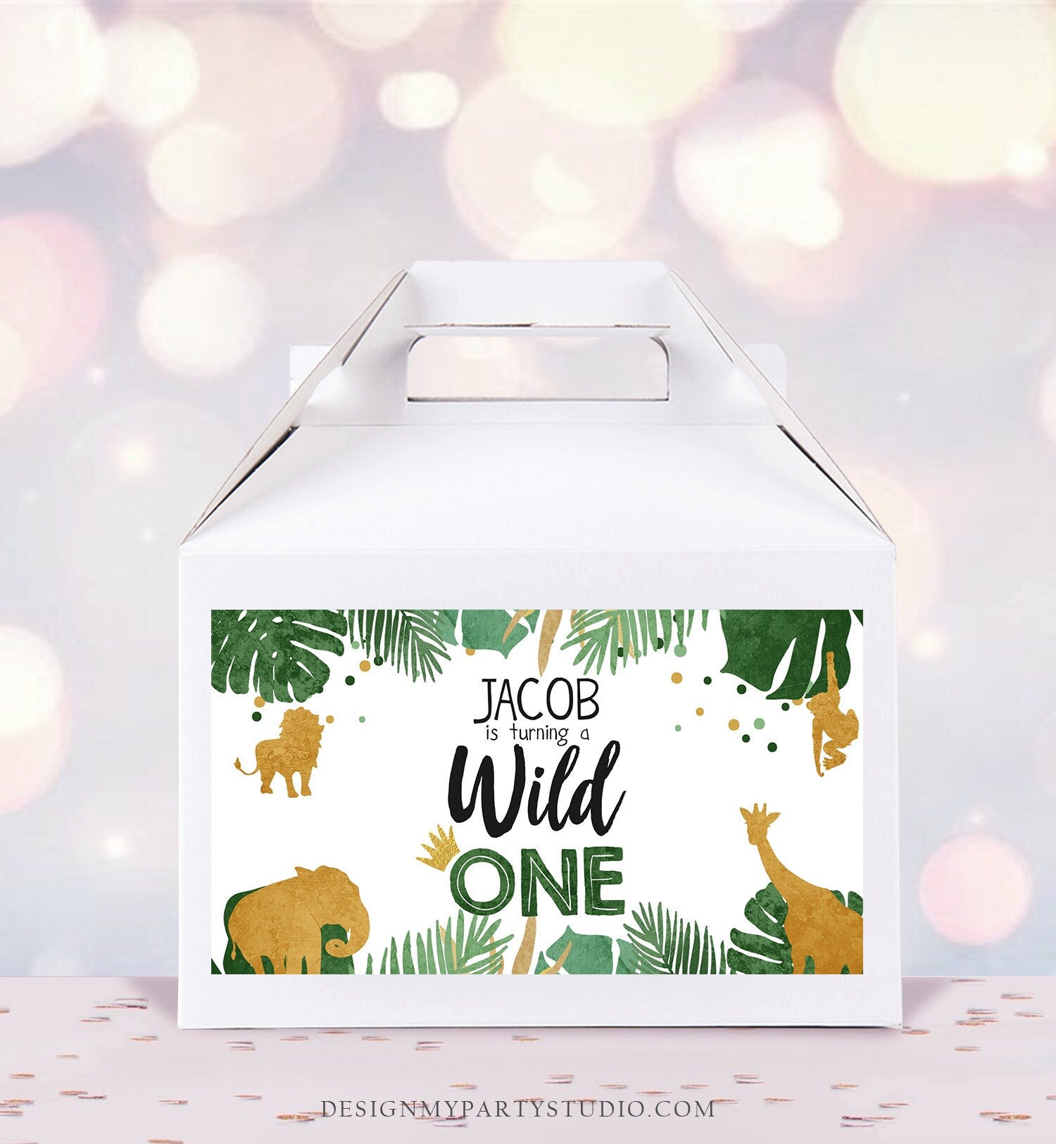 Editable Safari Animals Birthday Gable Gift Box Labels Party Animals Gold Green Wild One Jungle First Birthday Boy Digital Printable 0016