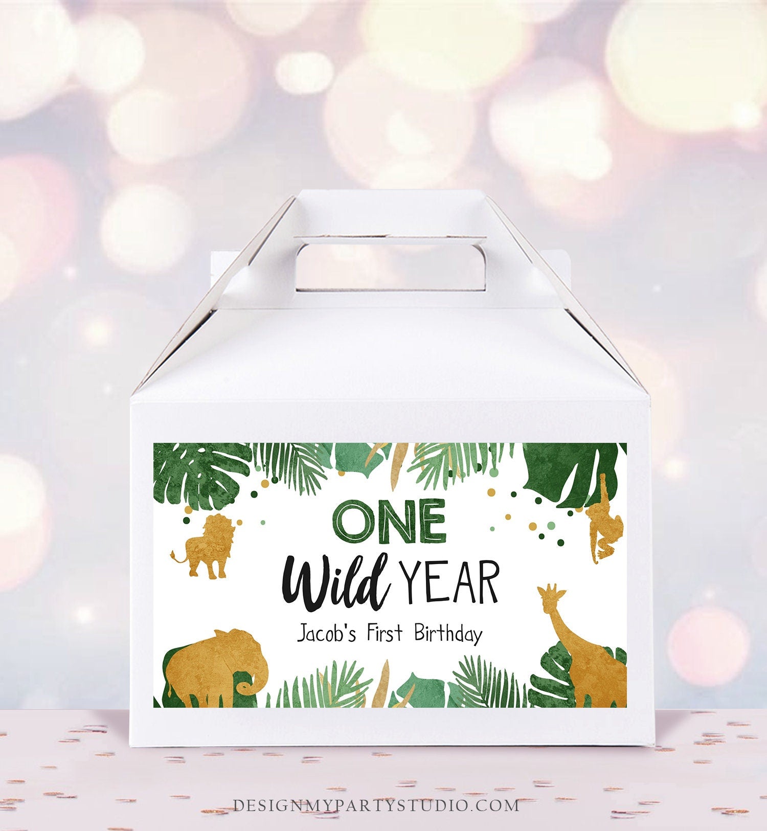 Editable Safari Animals Birthday Gable Gift Box Labels Party Animals Gold Green One Wild Year Jungle First Birthday Boy Digital Corjl 0016