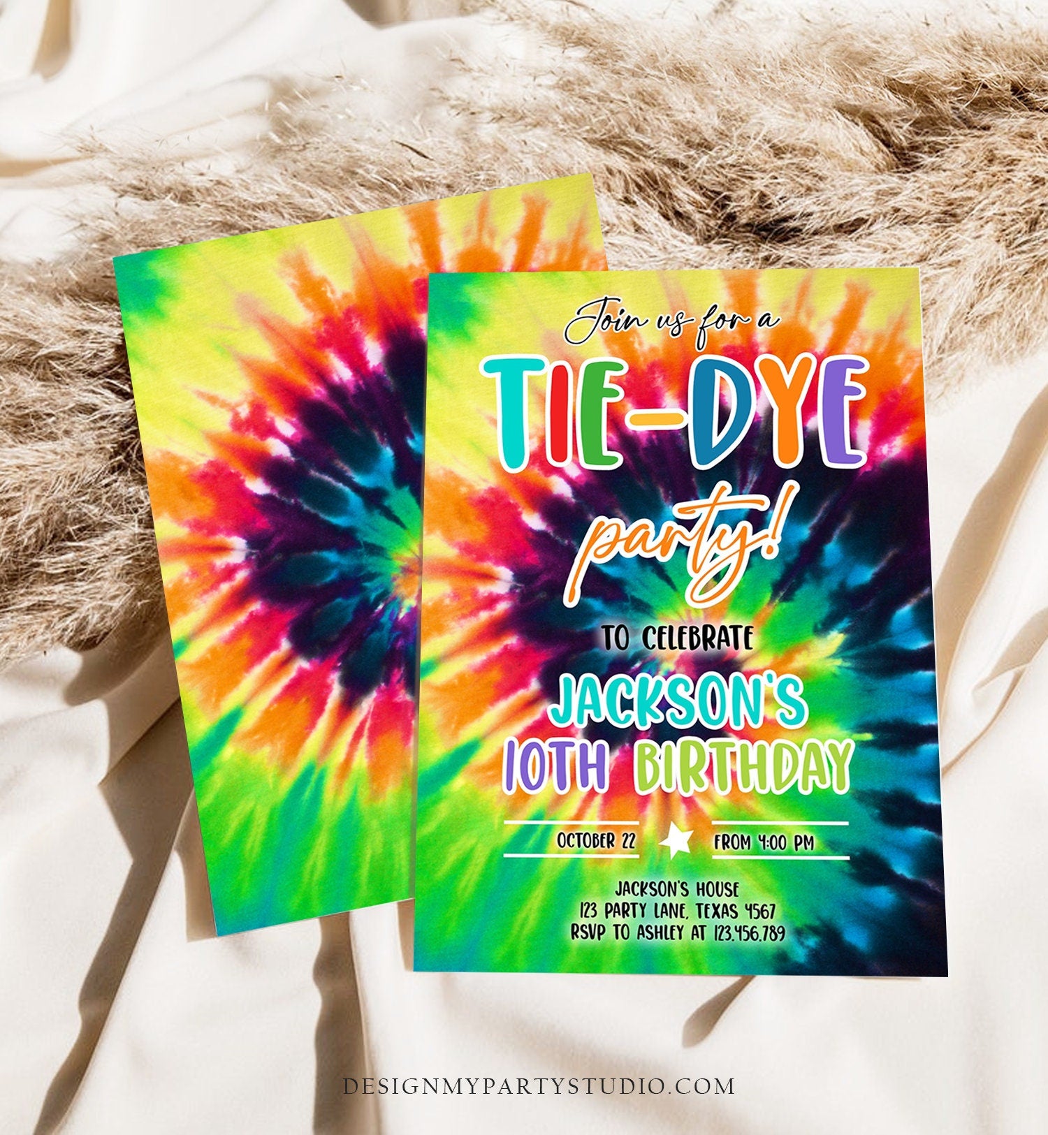 Editable Tie Dye Birthday Invitation Tie Dye Party Invite Boy Tie-Dye Birthday Rainbow Hippie Peace Tween Craft Download Corjl Template 0407