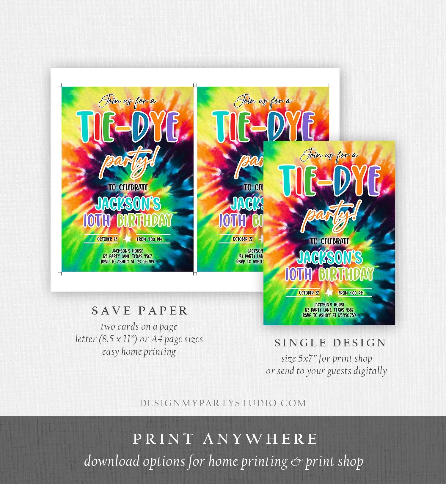 Editable Tie Dye Birthday Invitation Tie Dye Party Invite Boy Tie-Dye Birthday Rainbow Hippie Peace Tween Craft Download Corjl Template 0407