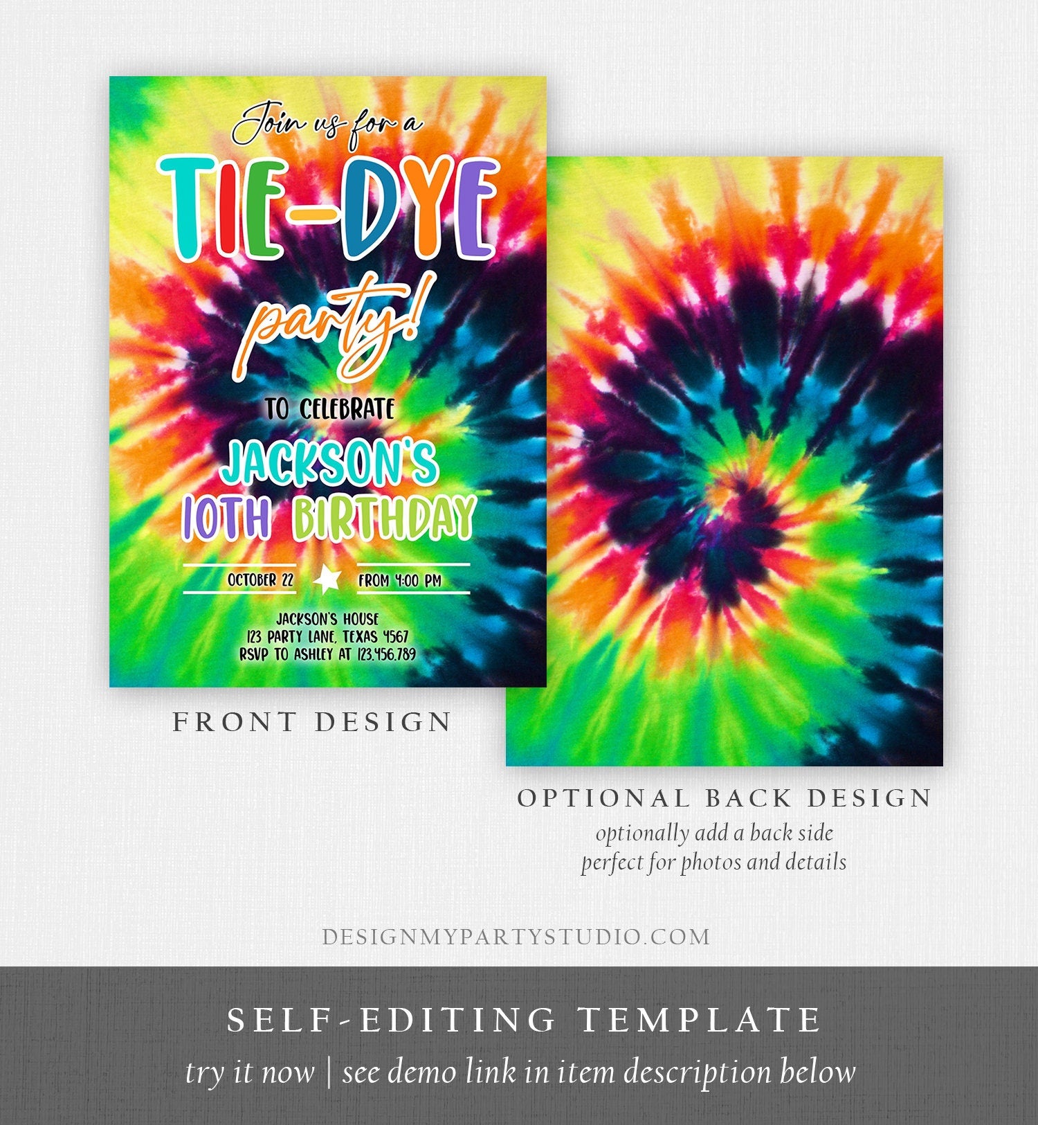 Editable Tie Dye Birthday Invitation Tie Dye Party Invite Boy Tie-Dye Birthday Rainbow Hippie Peace Tween Craft Download Corjl Template 0407