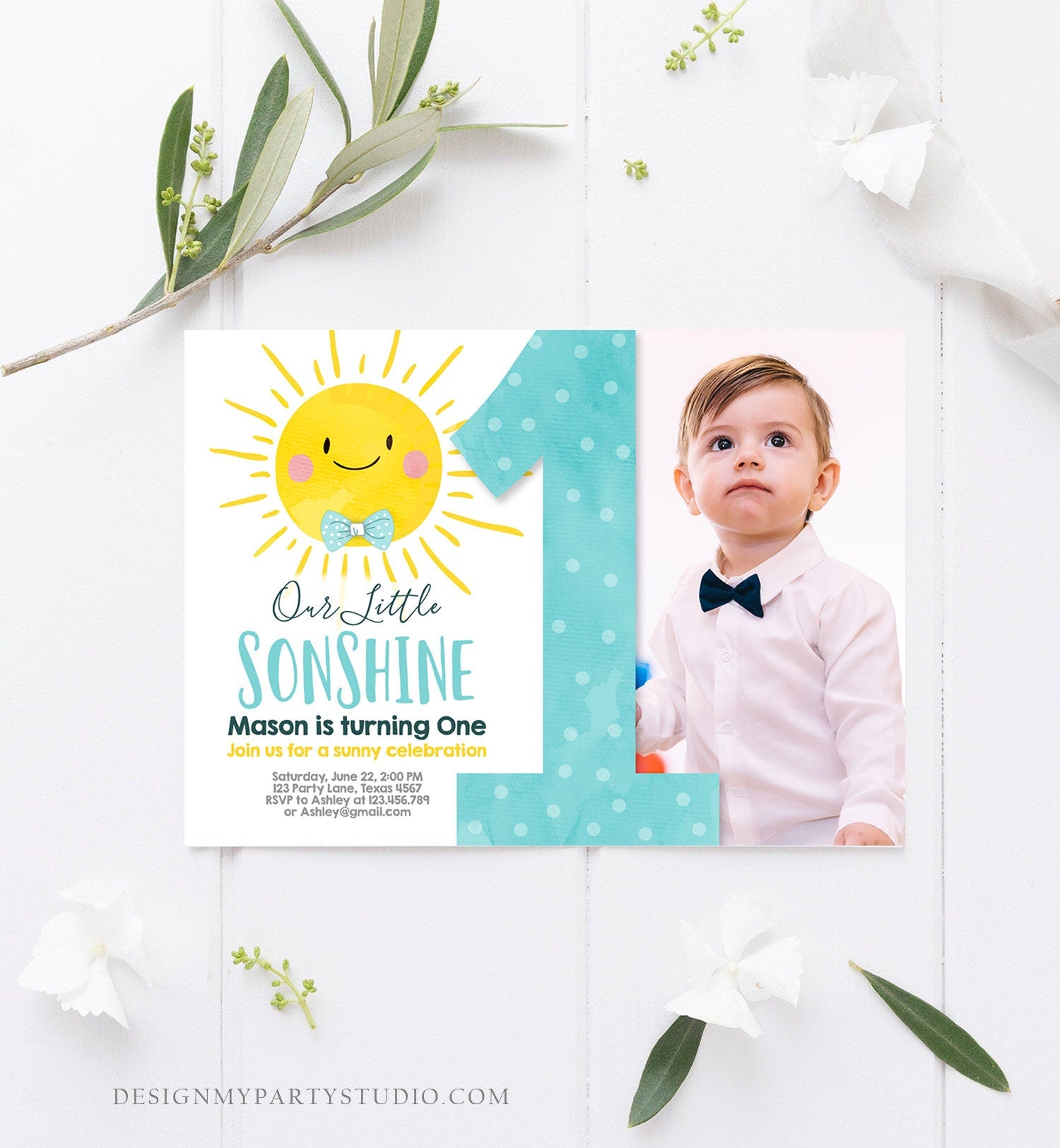 Editable Our Little Sonshine Birthday Invitation Summer Sunshine Party Blue Boy Summer First Birthday Download Evite Template Printable 0141