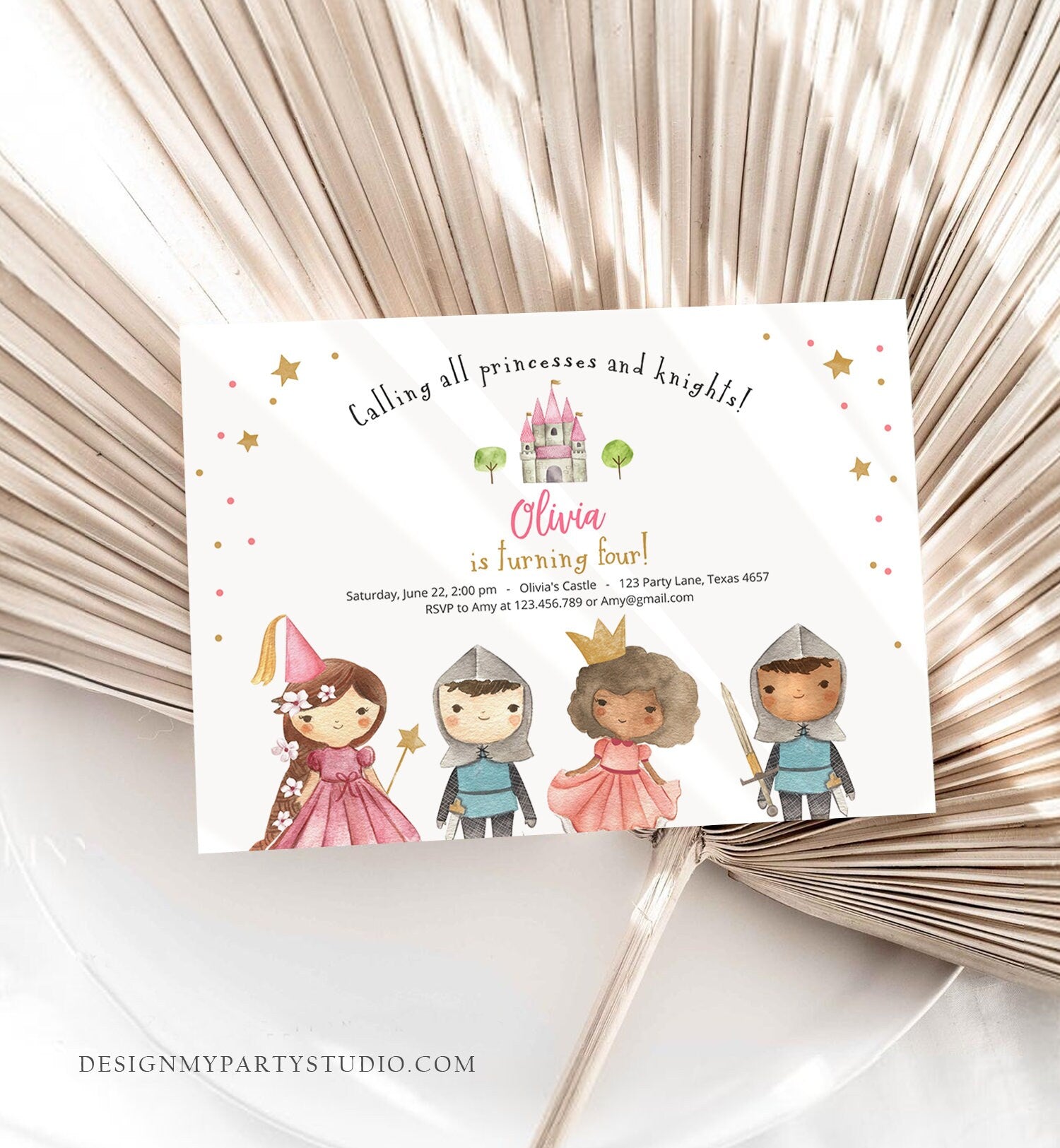 Editable Princess and Knight Birthday invitation Once Upon a Time Princess Birthday Girl Pink Castle Download Printable Template Corjl 0171