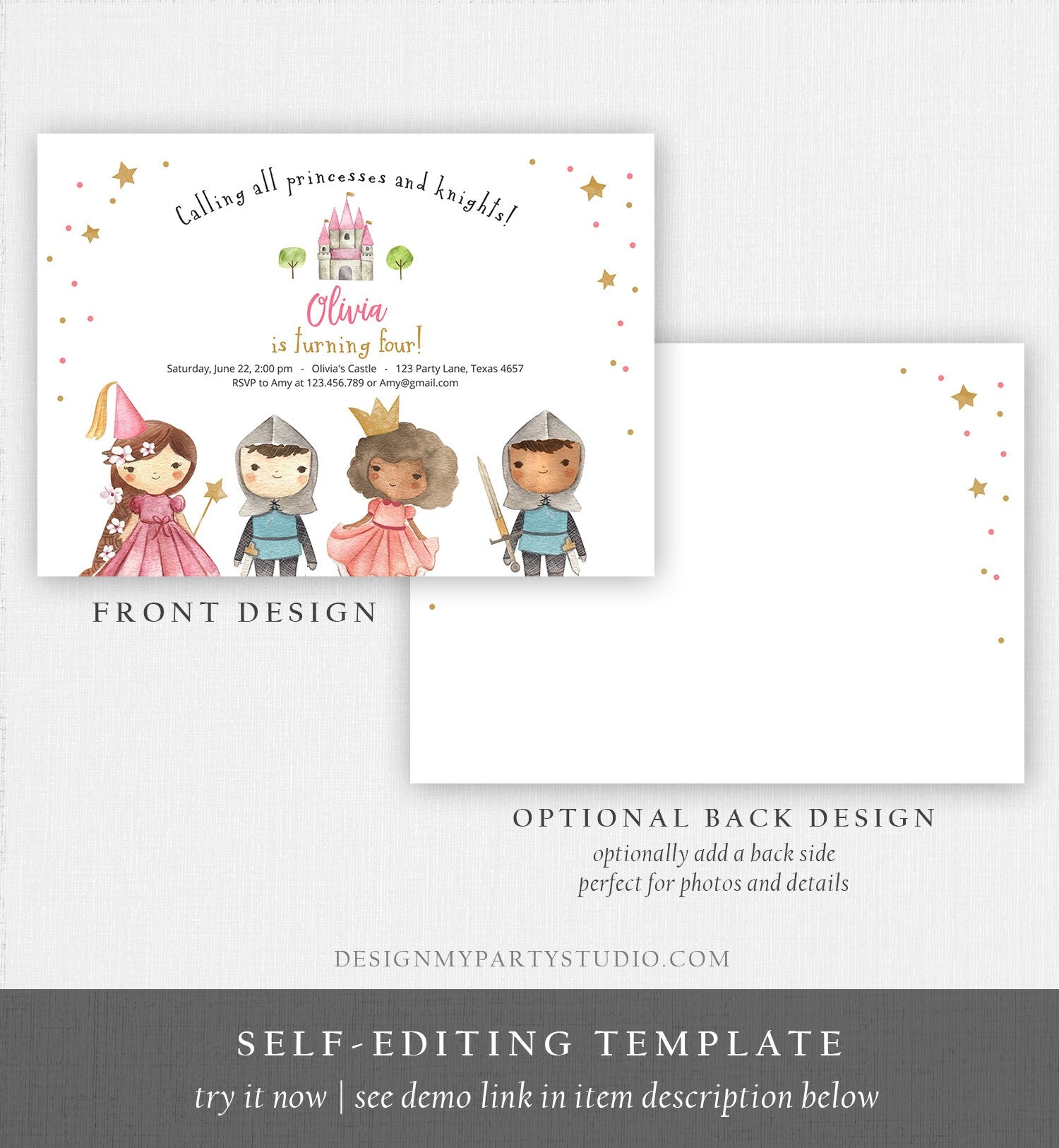 Editable Princess and Knight Birthday invitation Once Upon a Time Princess Birthday Girl Pink Castle Download Printable Template Corjl 0171