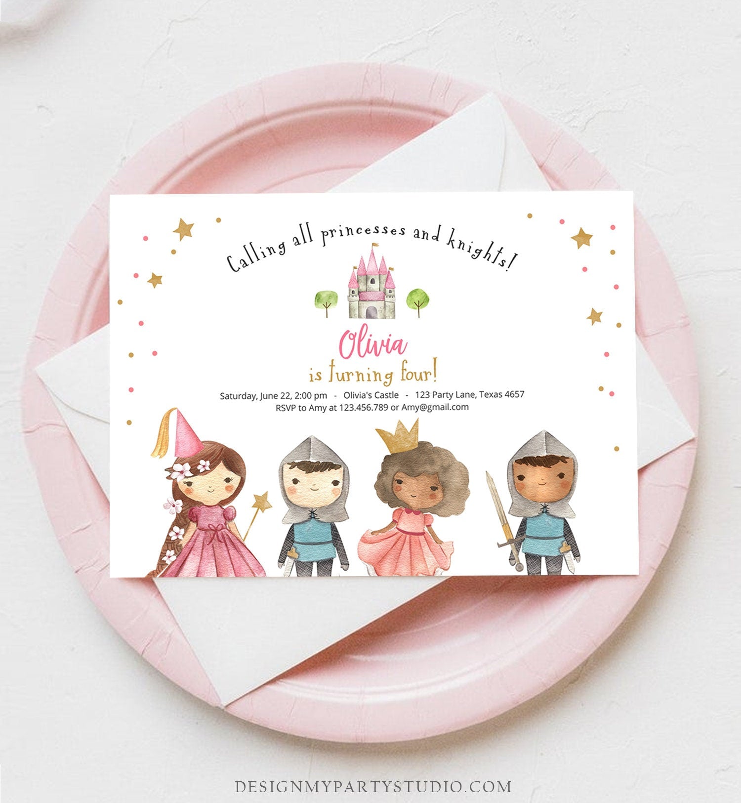 Editable Princess and Knight Birthday invitation Once Upon a Time Princess Birthday Girl Pink Castle Download Printable Template Corjl 0171