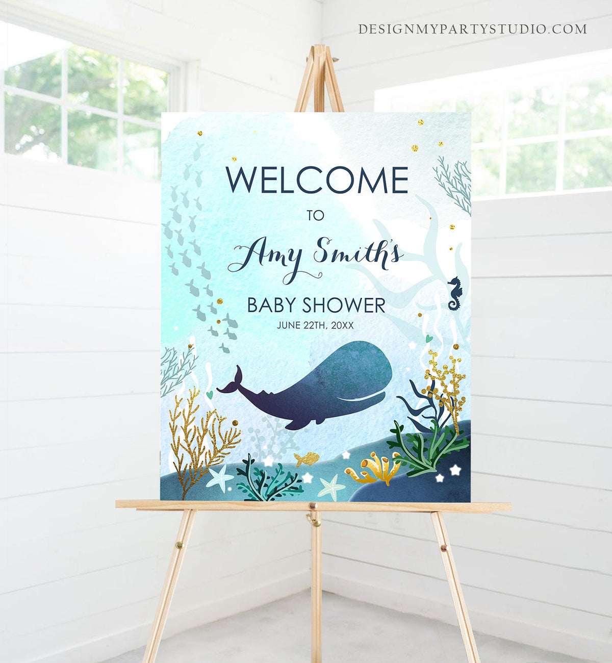 Editable Whale Welcome Sign Baby Shower Birthday Party Nautical Ocean It&#39;s a Boy Blue Whale Under the Sea Corjl Template Printable 0118