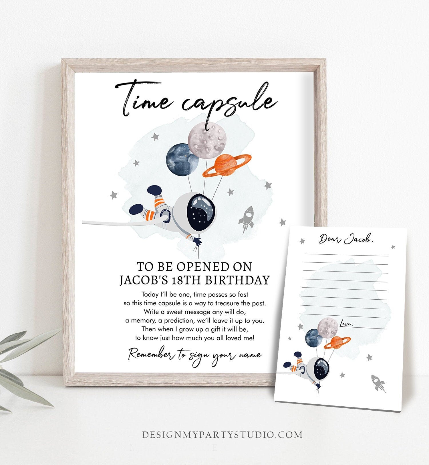 Editable Outer Space Time Capsule First Birthday Party Astronaut Rocket Space Birthday Moon Planets Guestbook Template Printable Corjl 0366