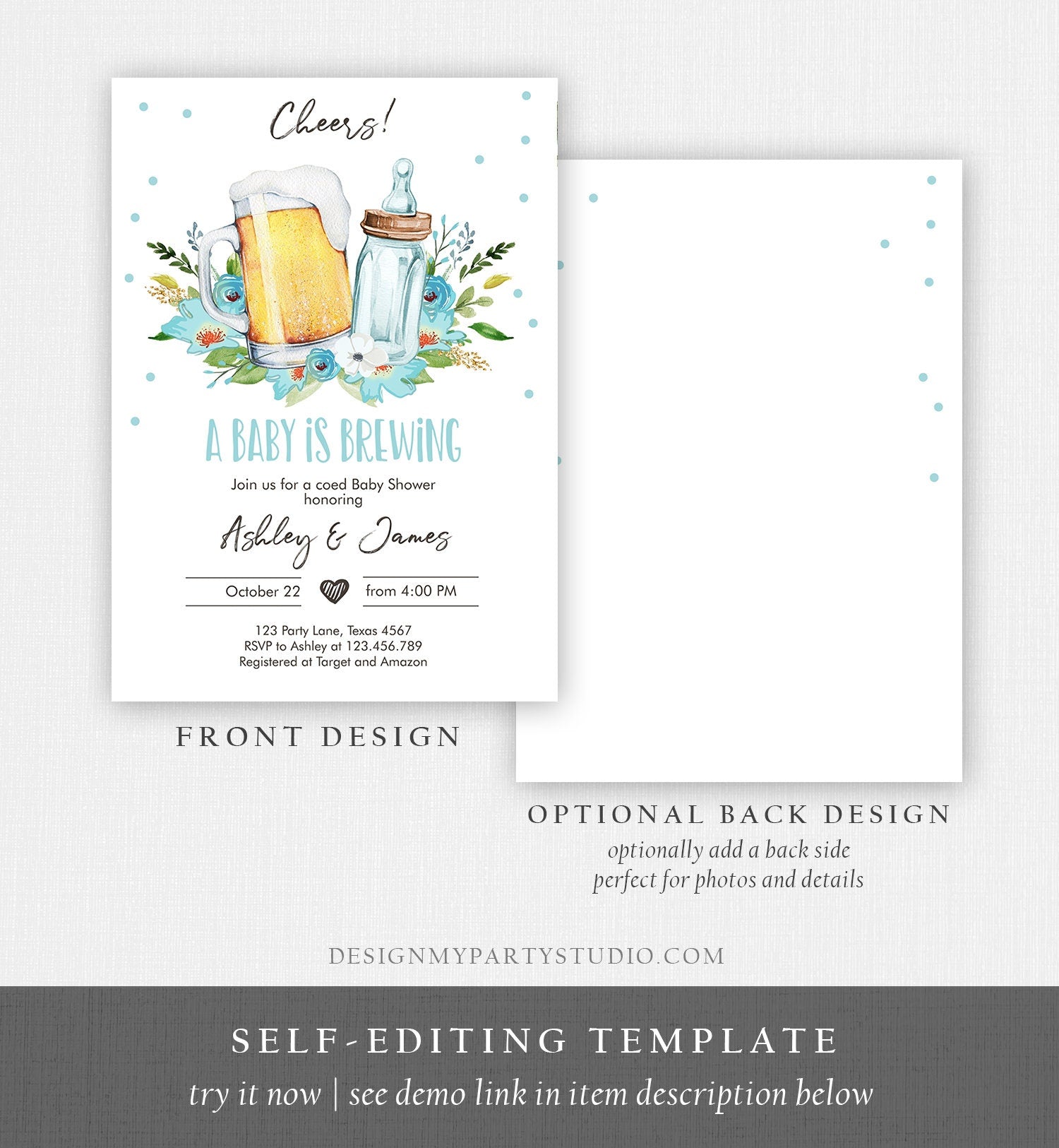 Editable A Baby is Brewing Invitation Bottle and Beers Baby Shower Boy Cheers Coed Couples Shower Download Printable Template Corjl 0190