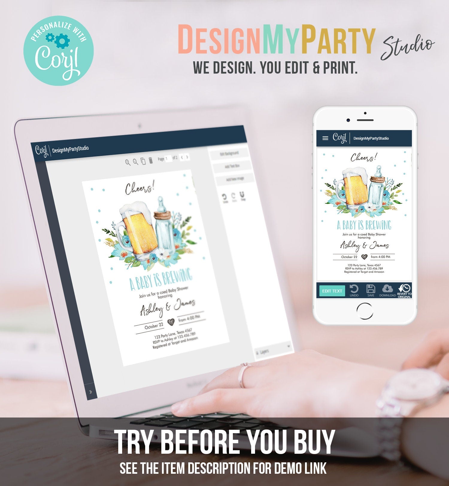 Editable A Baby is Brewing Invitation Bottle and Beers Baby Shower Boy Cheers Coed Couples Shower Download Printable Template Corjl 0190