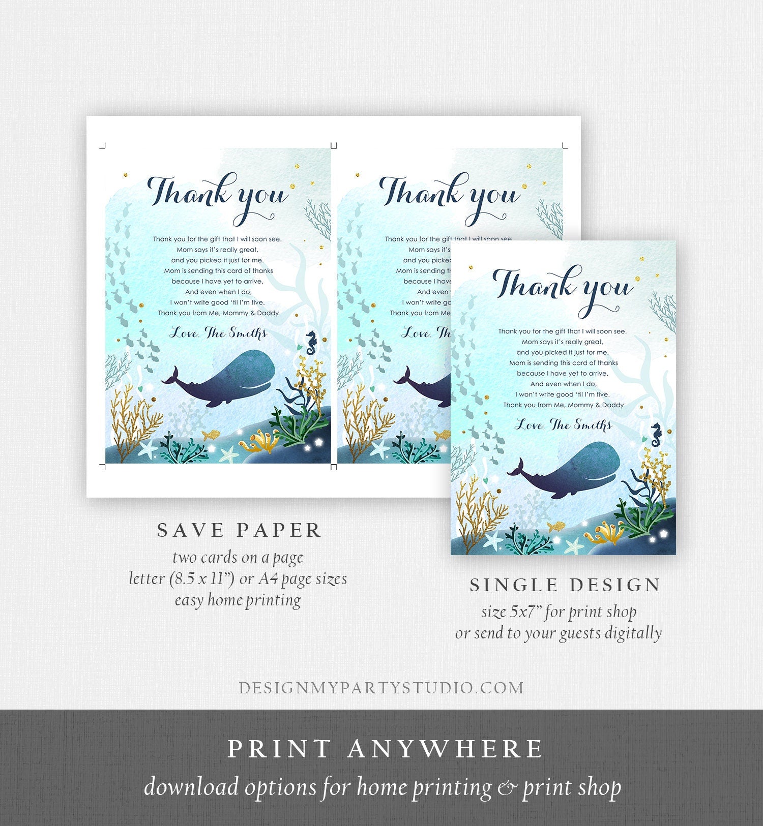 Editable Whale Baby Shower Thank You Card Note Nautical Blue Whale Boy Ocean Under the Sea Coral Template Instant Download Corjl 0118