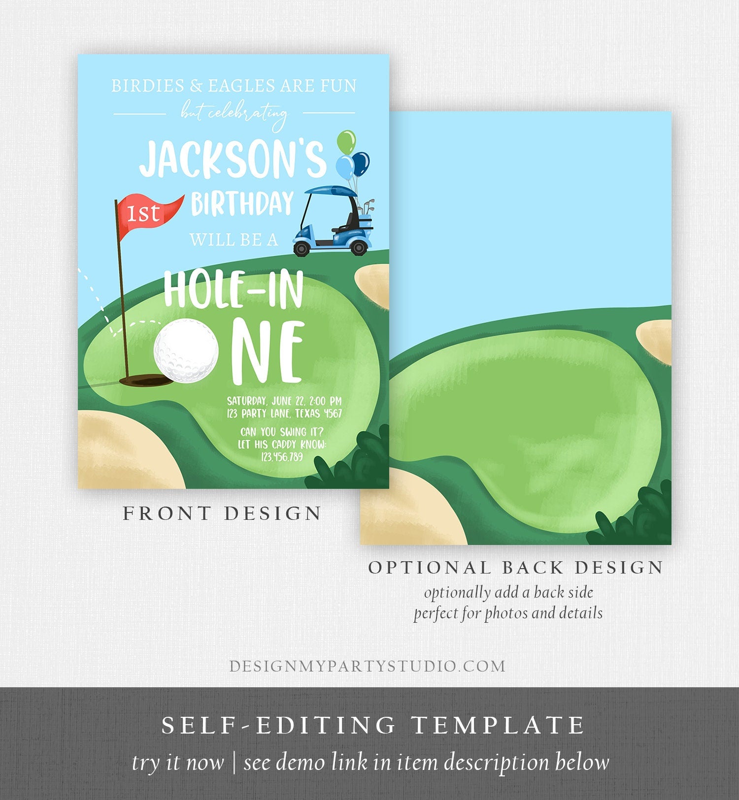 Editable Hole in One Birthday Invitation First Birthday Par-tee Golf Birthday Boy Golfing Digital Download Evite Template Printable 0405