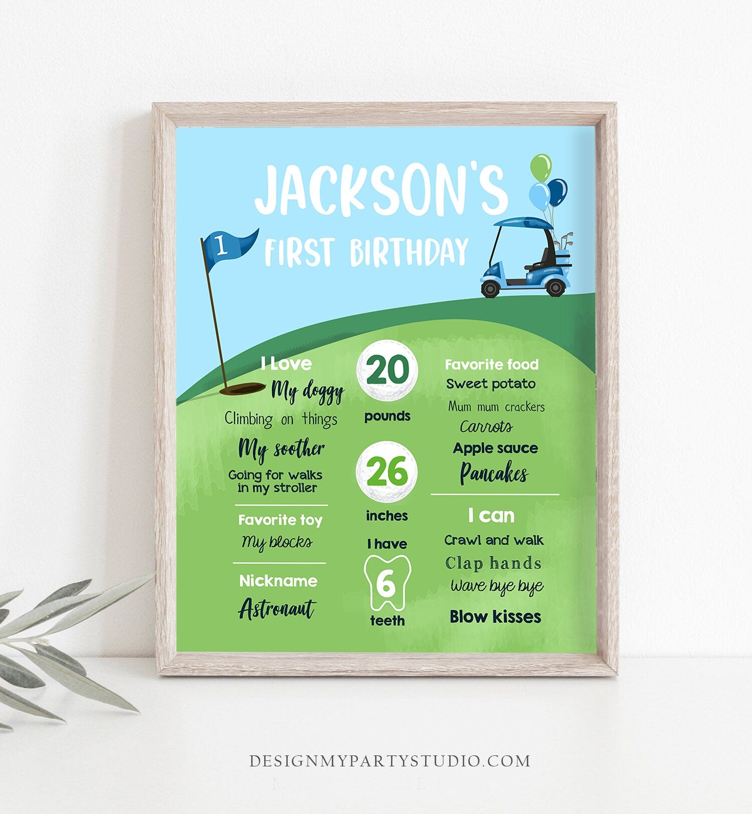 Editable Golf Birthday Milestones Sign Hole in One Golf First Birthday Boy 1st Golf Court Golf Party Decor Template Printable Corjl 0405