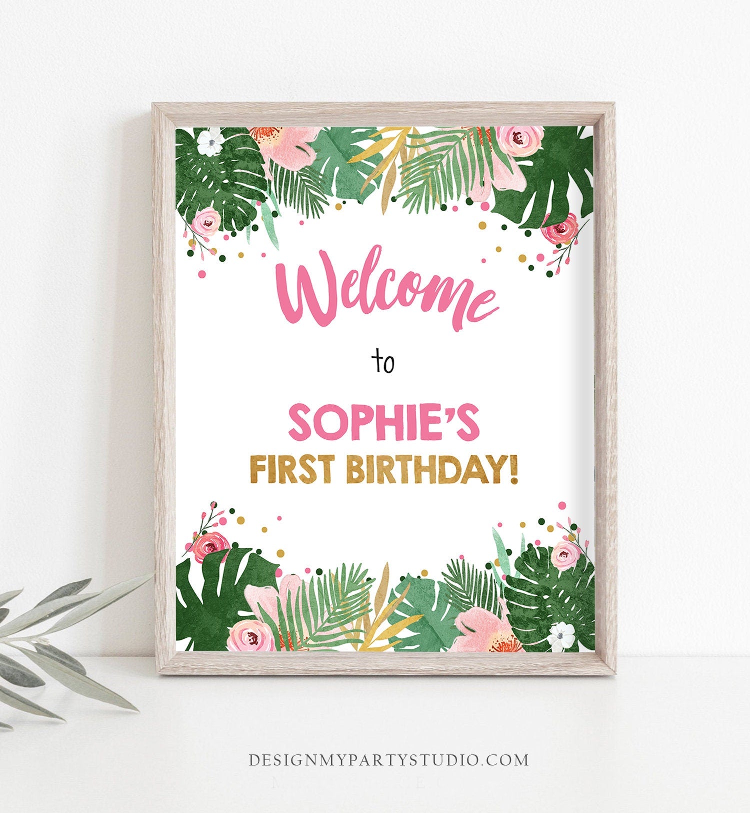 Editable Safari Welcome Sign Tropical Baby Shower Party Animals Sign Zoo Table Sign Pink Gold Girl Corjl Template Download PRINTABLE 0332