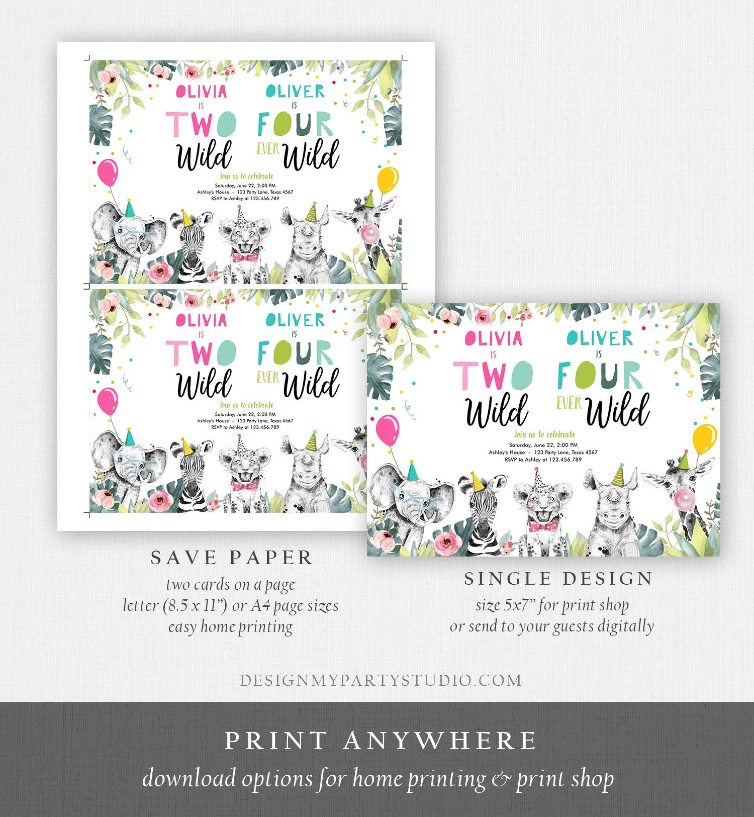 Editable Two Wild Four Ever Wild Birthday Invitation Party Animals Boy Girl Second Fourth 2nd 4th Safari Coed Joint Corjl Template 0322