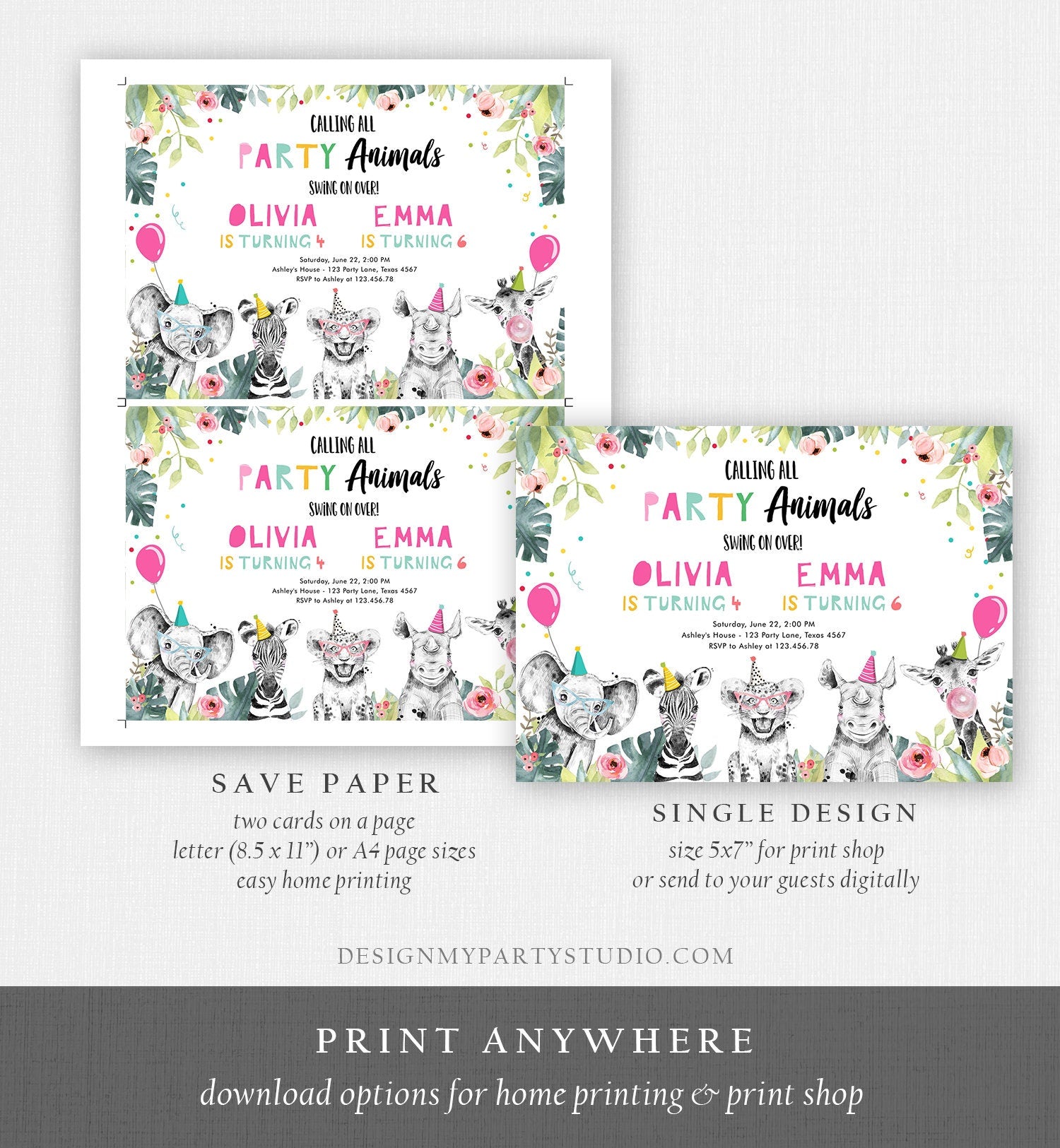 Editable Party Animals Birthday Invitation Wild One Animals Safari Animals ANY AGE Zoo Girl Siblings Joint Corjl Template Printable 0322