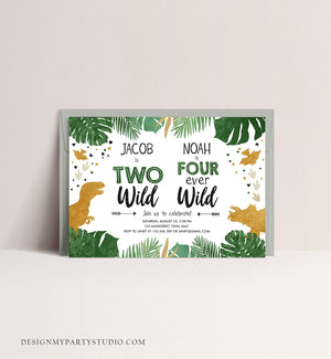 Editable Two Wild Four Ever Wild Dino-Four Dinosaur Birthday Invitation Dino T-Rex Second Fourth Boy Coed Joint Gold Corjl Template 0146