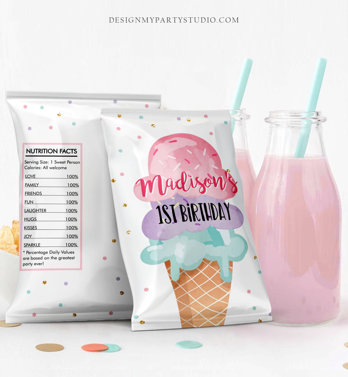 Editable Ice Cream Chip Bag Ice Cream Birthday Party Decor Girl 1st Birthday Ice Cream Truck Scoop Snack Favors Digital Corjl Template 0243